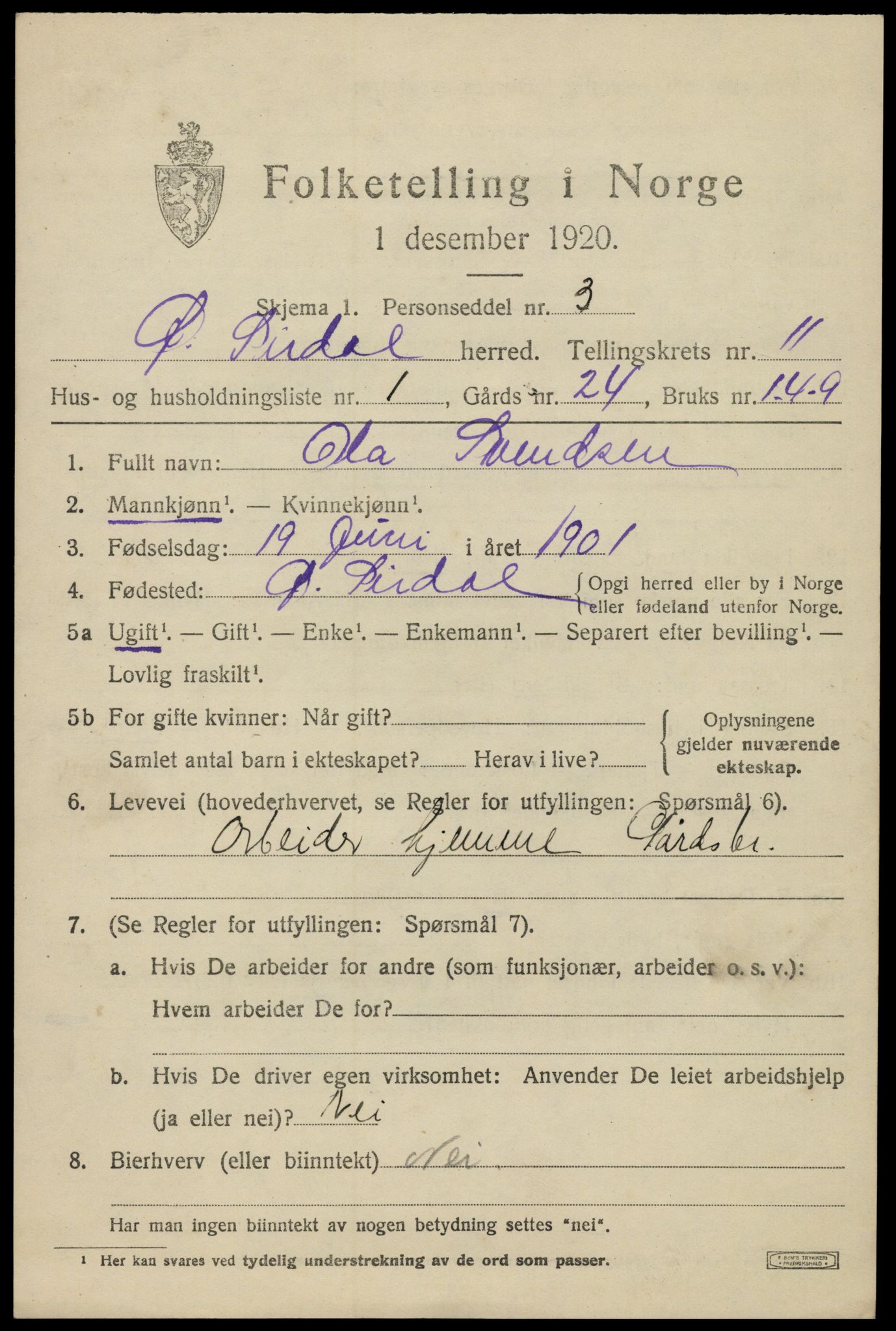 SAK, 1920 census for Øvre Sirdal, 1920, p. 1821