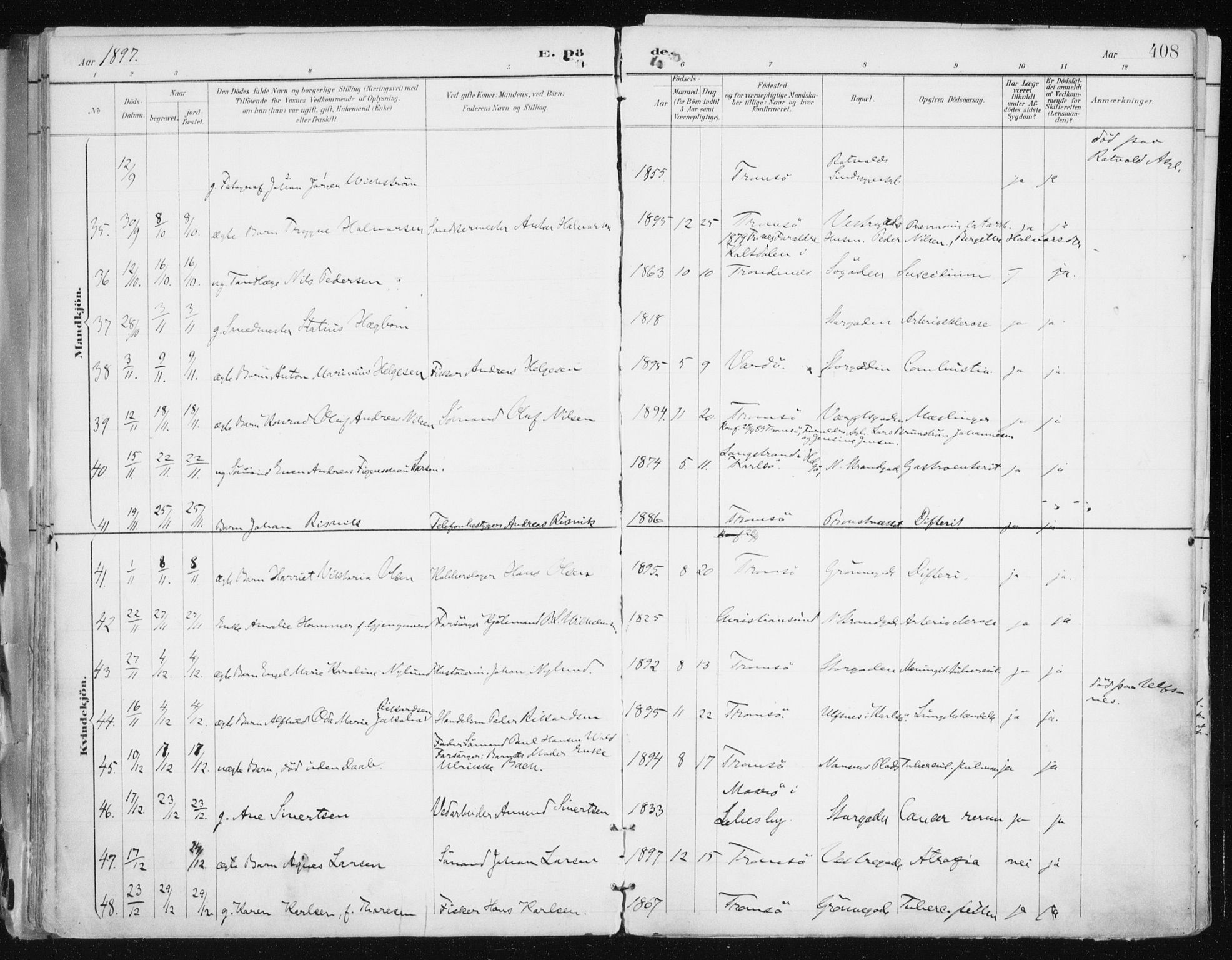 Tromsø sokneprestkontor/stiftsprosti/domprosti, SATØ/S-1343/G/Ga/L0015kirke: Parish register (official) no. 15, 1889-1899, p. 408