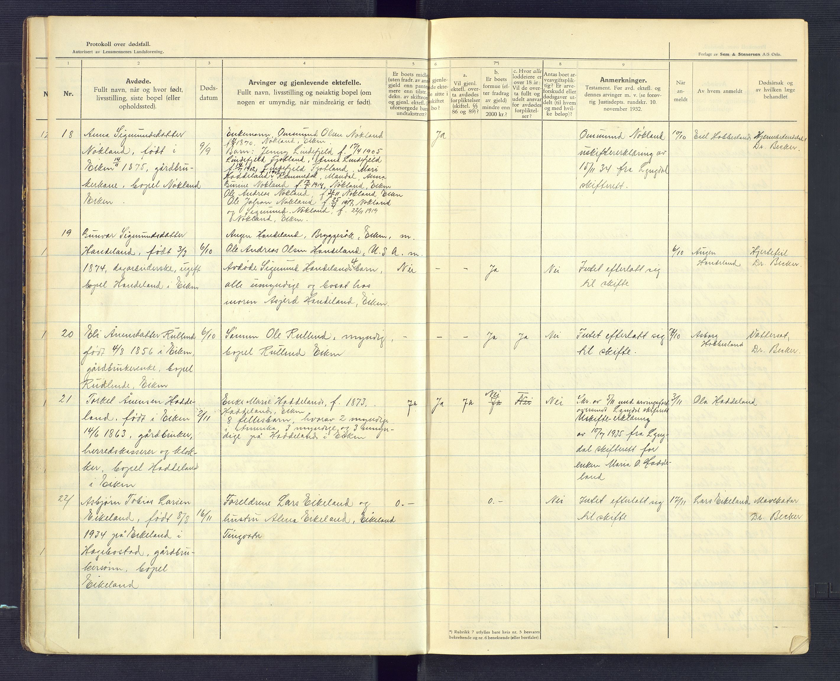 Hægebostad og Eiken lensmannskontor, AV/SAK-1241-0023/F/Fe/L0003: Dødsfallsprotokoll nr 35, 1933-1952