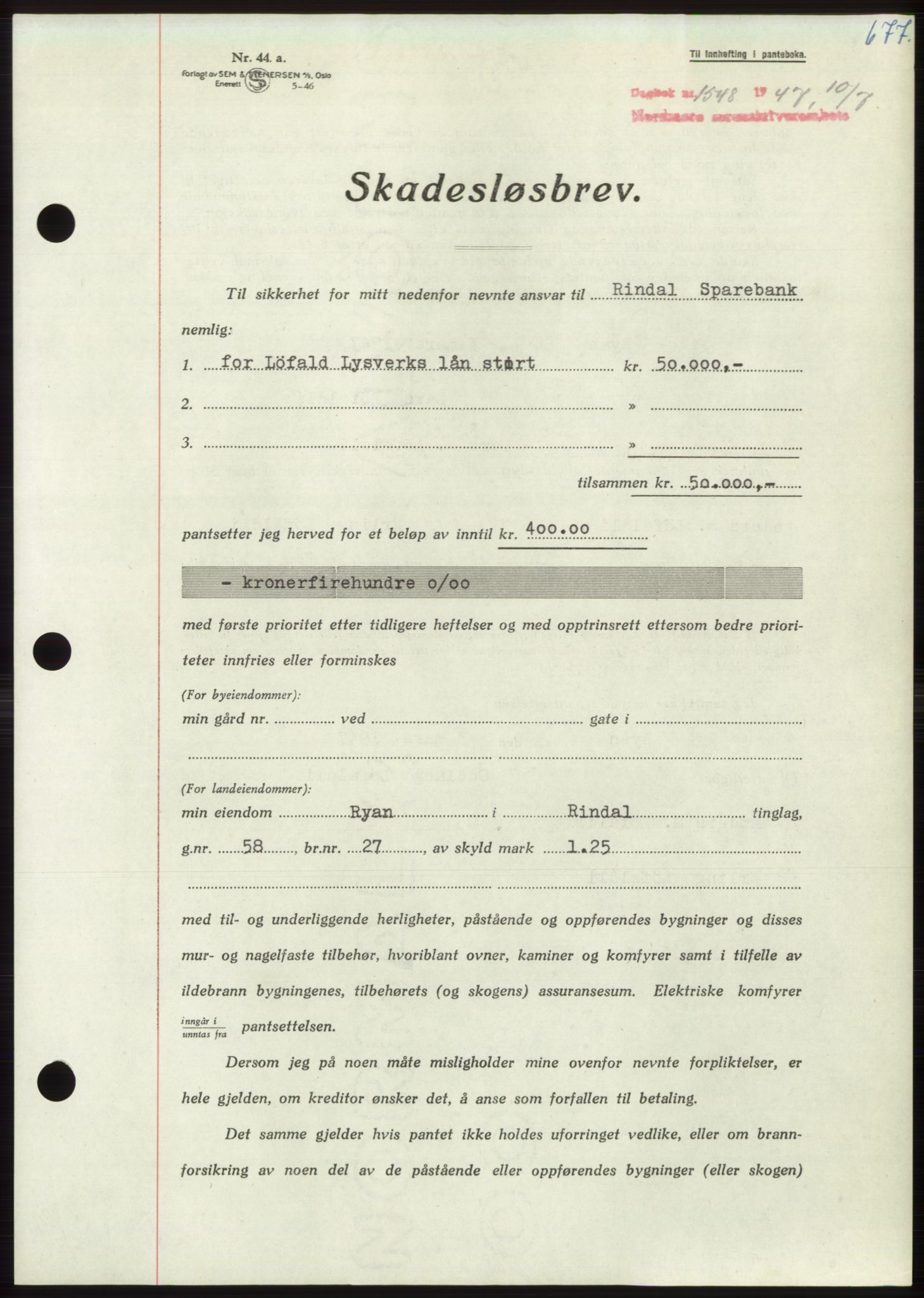 Nordmøre sorenskriveri, AV/SAT-A-4132/1/2/2Ca: Mortgage book no. B96, 1947-1947, Diary no: : 1548/1947