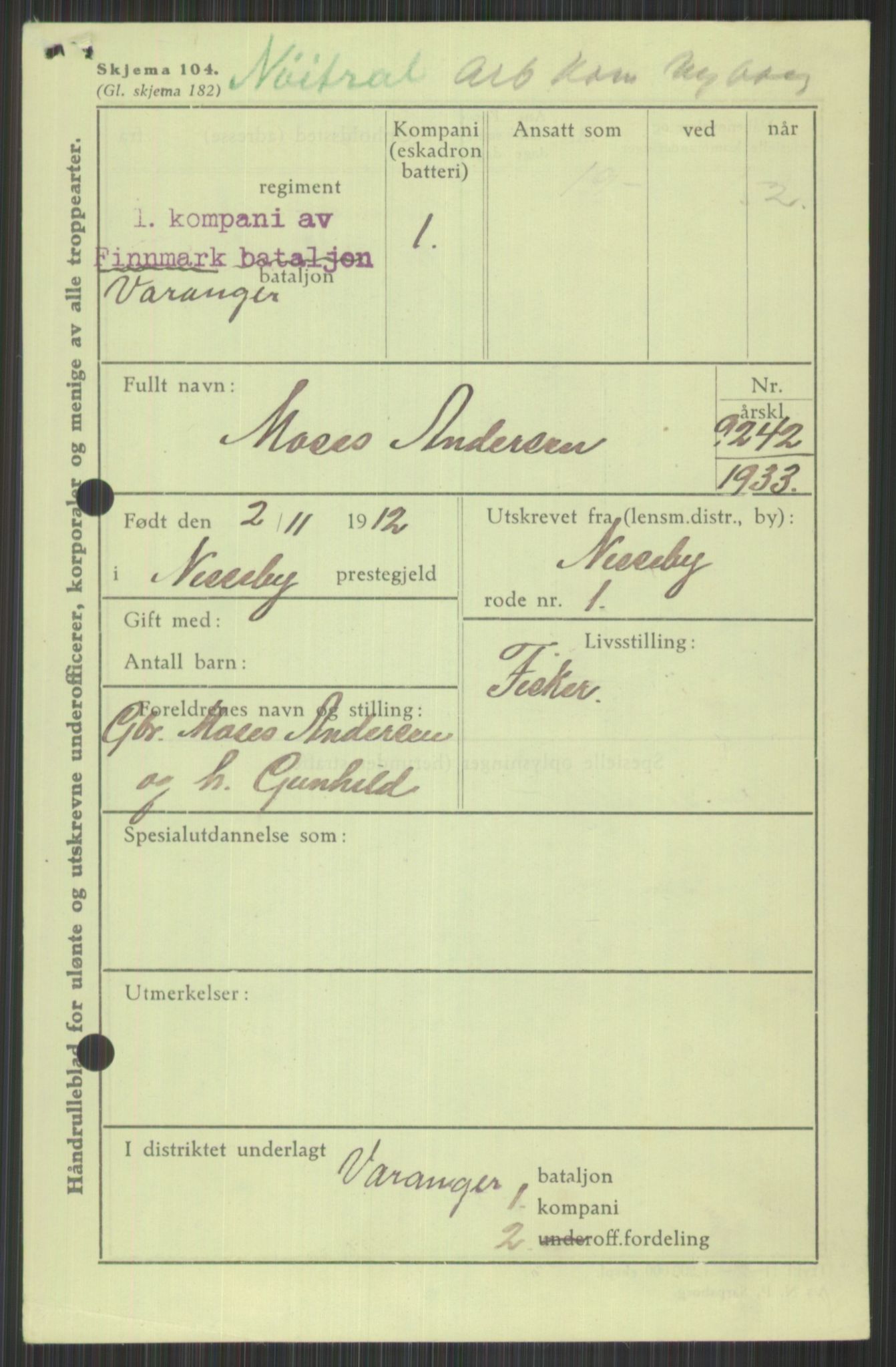 Forsvaret, Varanger bataljon, AV/RA-RAFA-2258/1/D/L0440: Rulleblad for fødte 1892-1912, 1892-1912, p. 1507