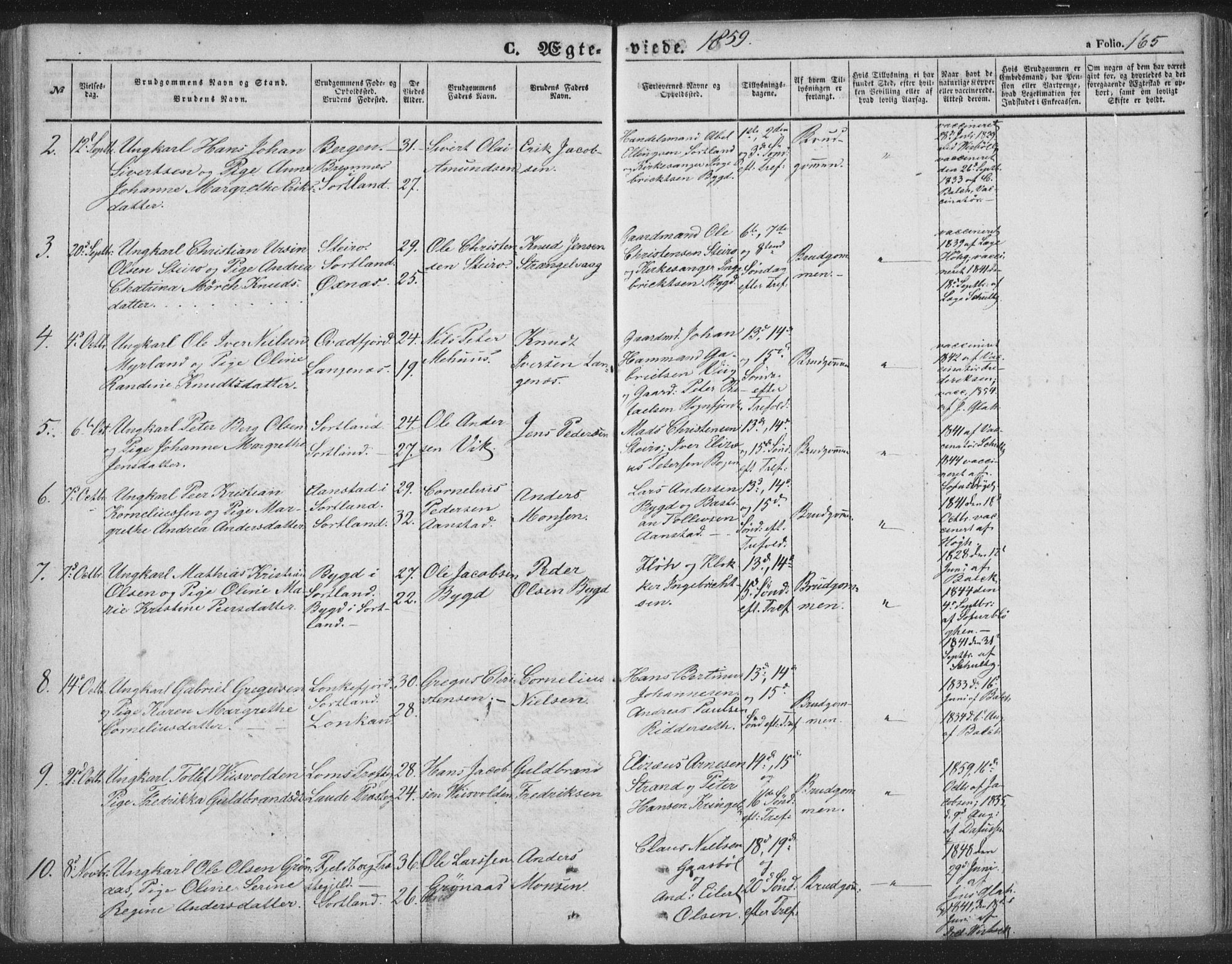 Ministerialprotokoller, klokkerbøker og fødselsregistre - Nordland, AV/SAT-A-1459/895/L1369: Parish register (official) no. 895A04, 1852-1872, p. 165