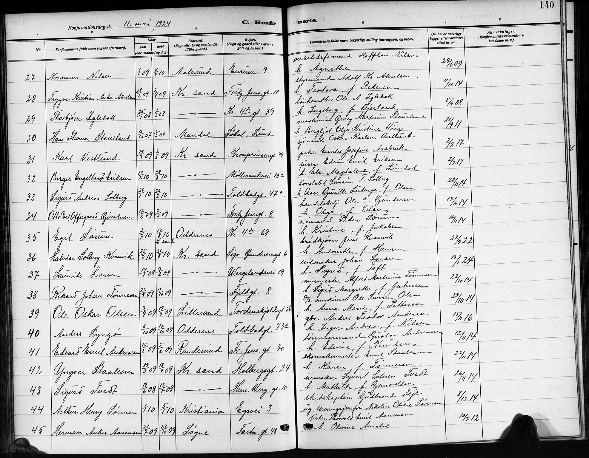 Kristiansand domprosti, AV/SAK-1112-0006/F/Fb/L0022: Parish register (copy) no. B 22, 1915-1925, p. 140