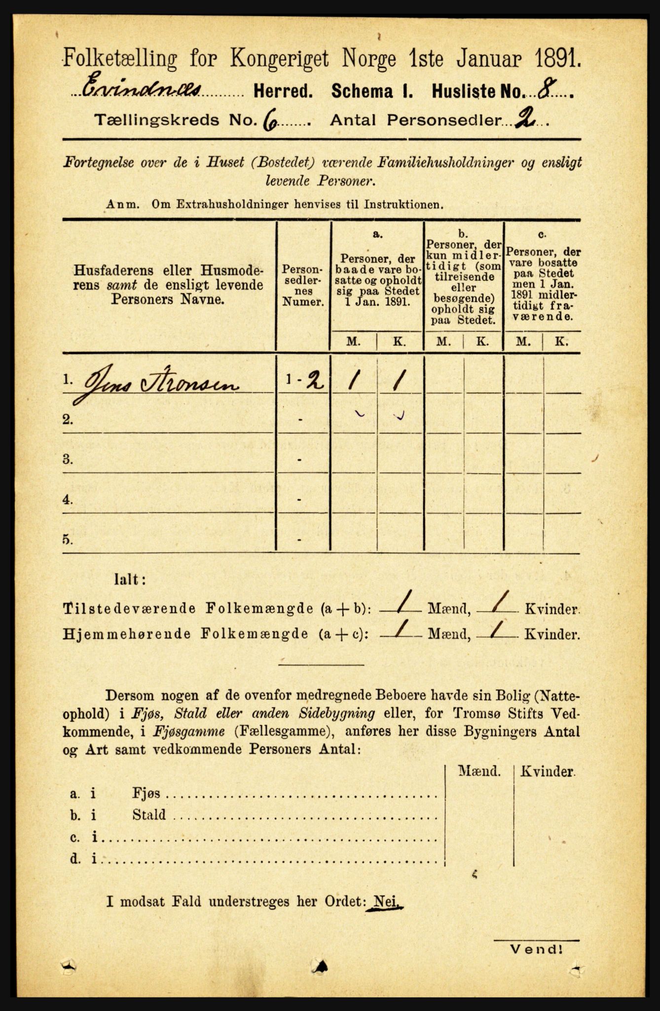 RA, 1891 census for 1853 Evenes, 1891, p. 1892