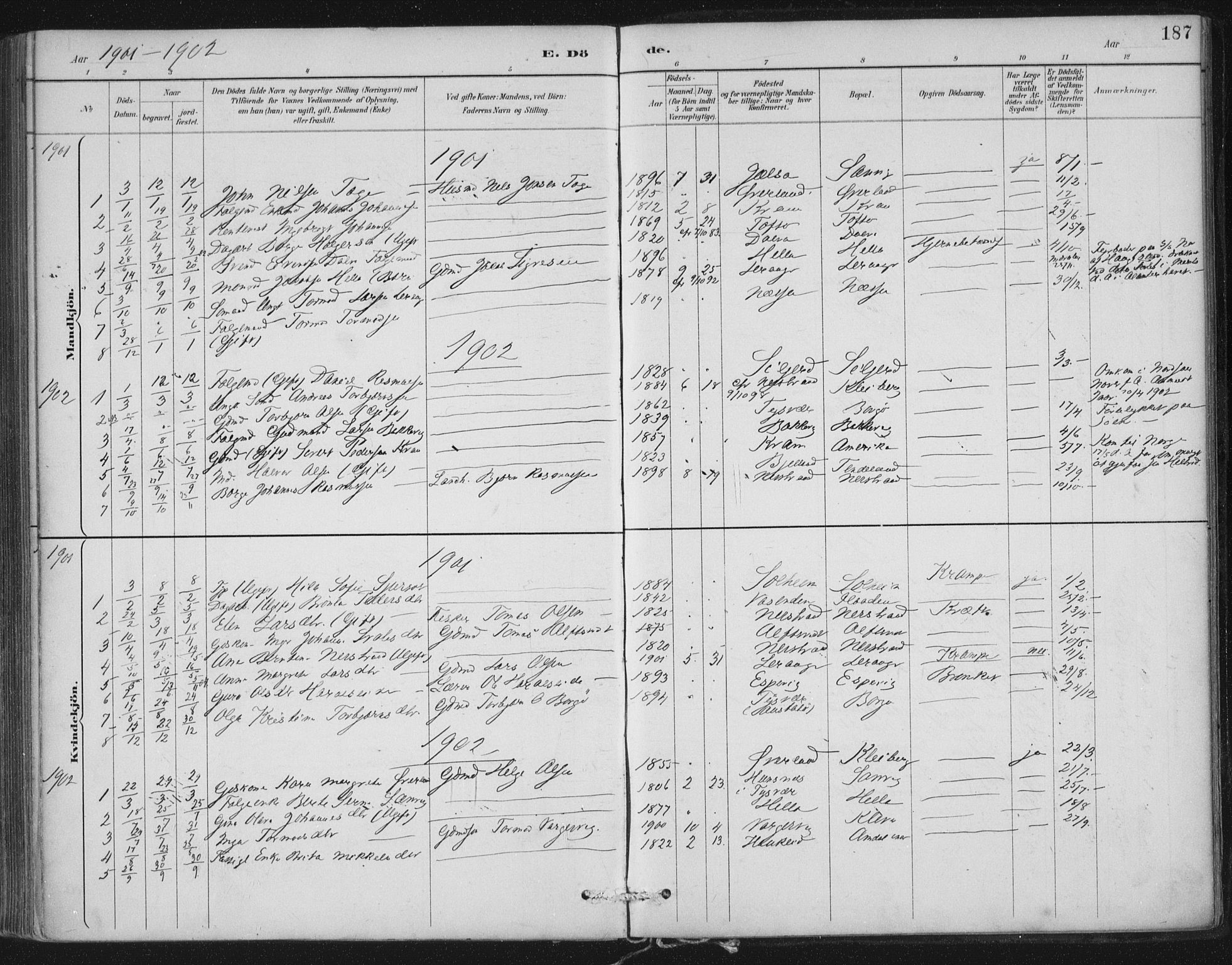 Nedstrand sokneprestkontor, SAST/A-101841/01/IV: Parish register (official) no. A 12, 1887-1915, p. 187