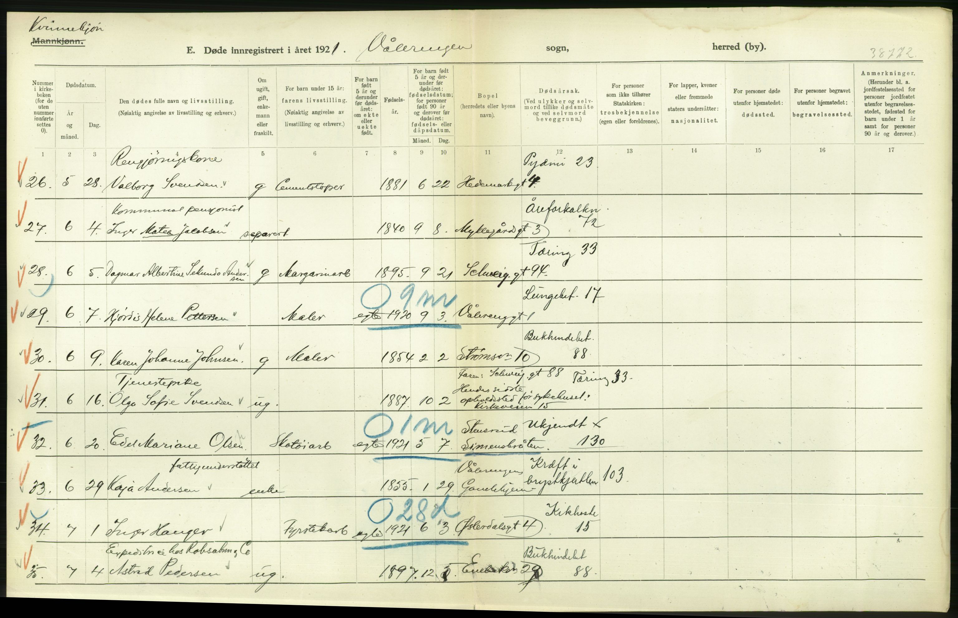 Statistisk sentralbyrå, Sosiodemografiske emner, Befolkning, RA/S-2228/D/Df/Dfc/Dfca/L0013: Kristiania: Døde, dødfødte, 1921, p. 290