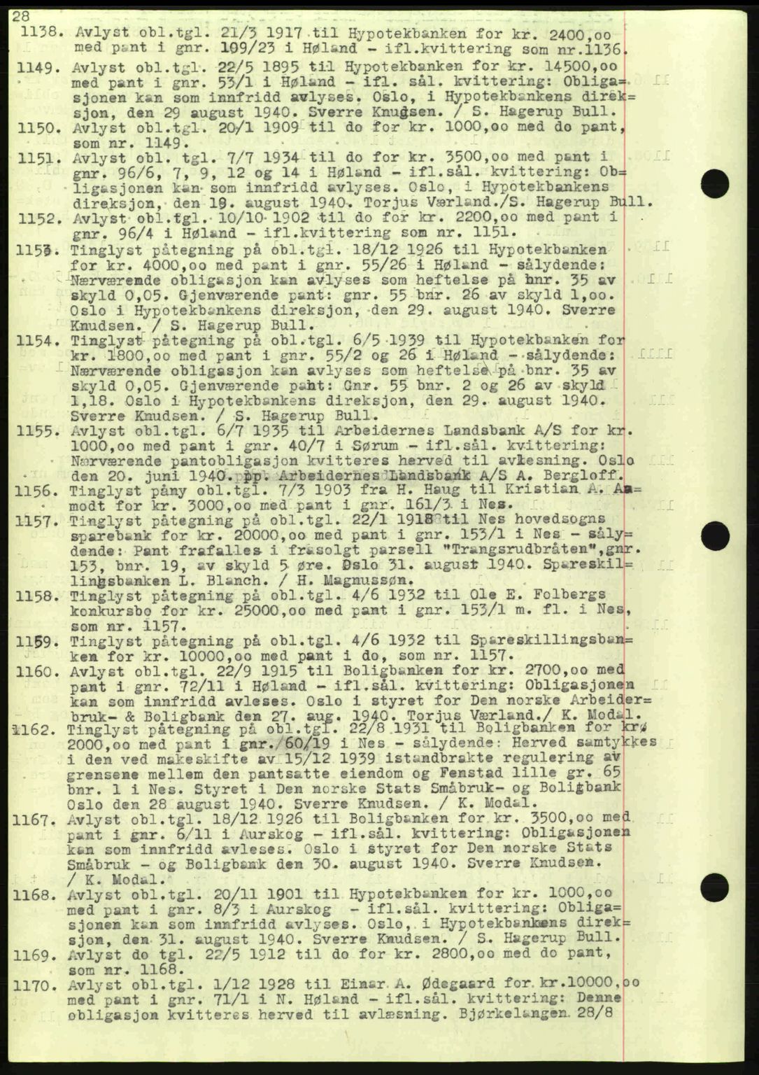 Nes tingrett, SAO/A-10548/G/Gb/Gbb/L0010: Mortgage book no. 54, 1939-1940, Diary no: : 1138/1940
