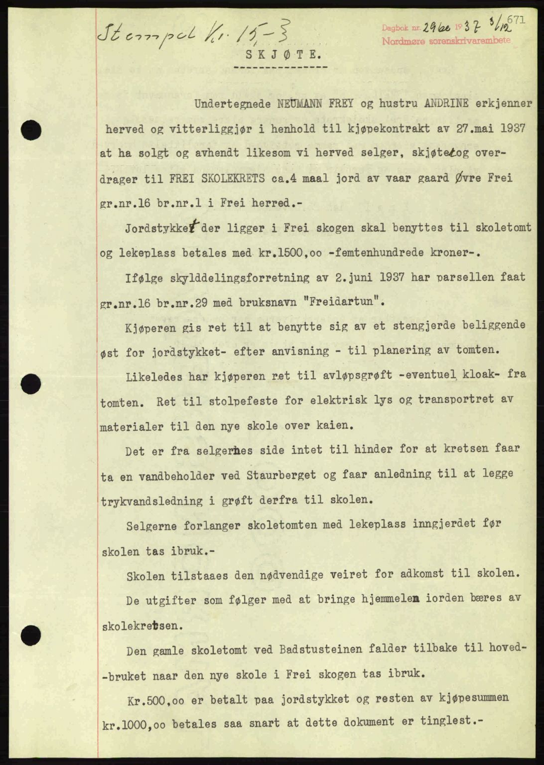 Nordmøre sorenskriveri, SAT/A-4132/1/2/2Ca: Mortgage book no. A82, 1937-1938, Diary no: : 2960/1937