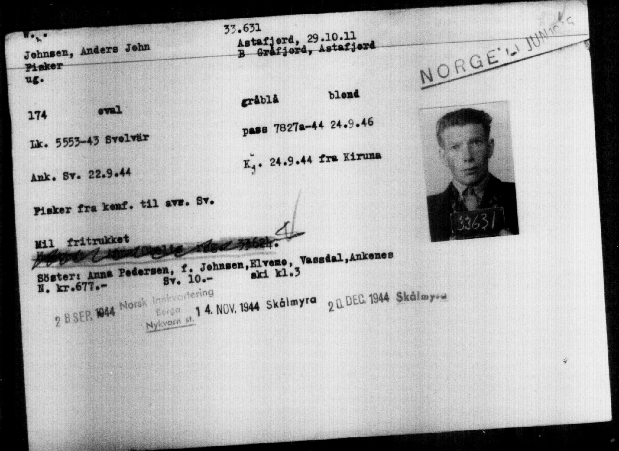 Utenriksstasjonene, Legasjonen i Stockholm, Flyktningkontoret, AV/RA-S-6753/V/Va/L0013: Kjesäterkartoteket, flyktninger med registreringsnr. 31500-34731, 1940-1945, p. 2249