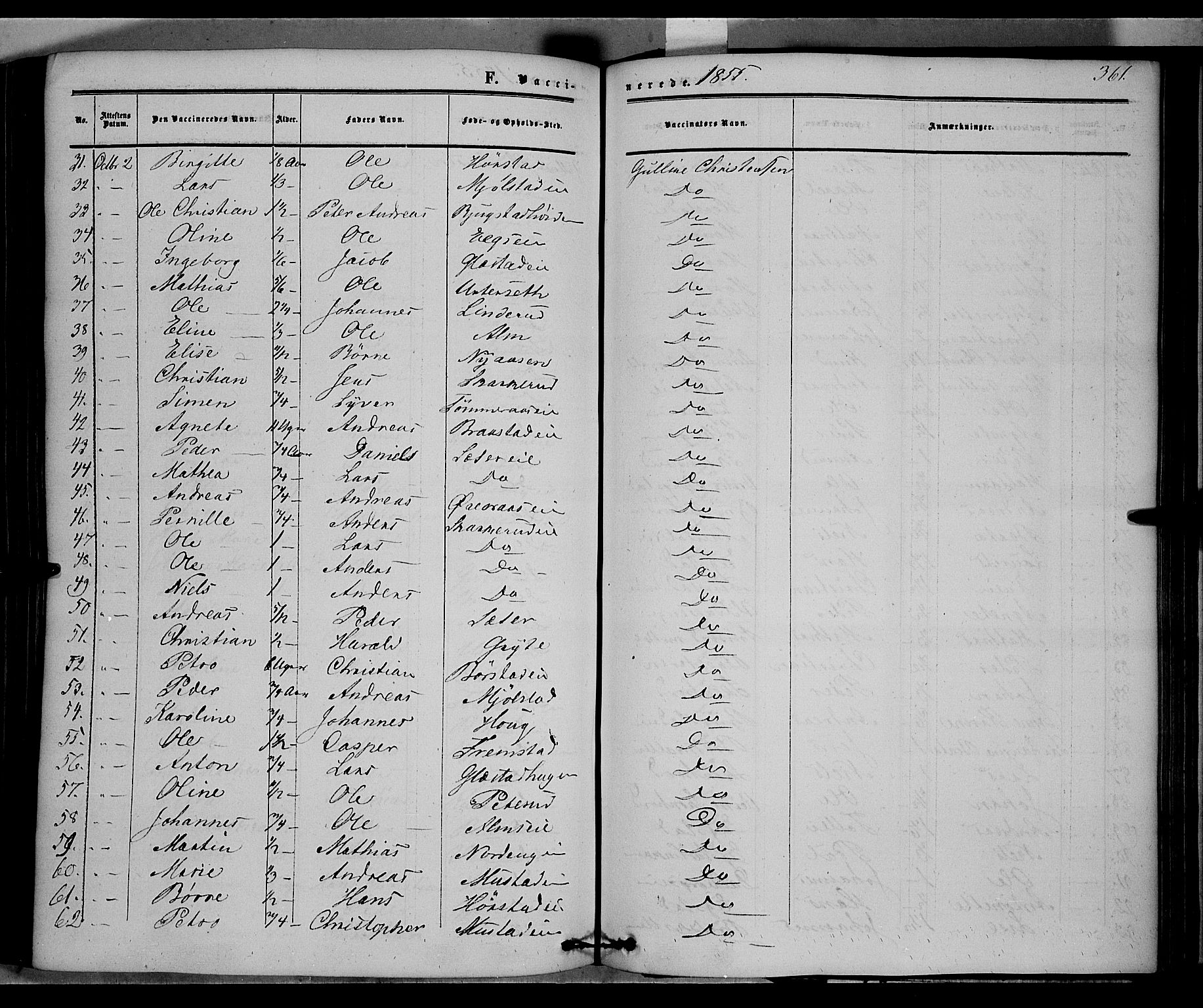 Vardal prestekontor, SAH/PREST-100/H/Ha/Haa/L0006: Parish register (official) no. 6, 1854-1866, p. 361