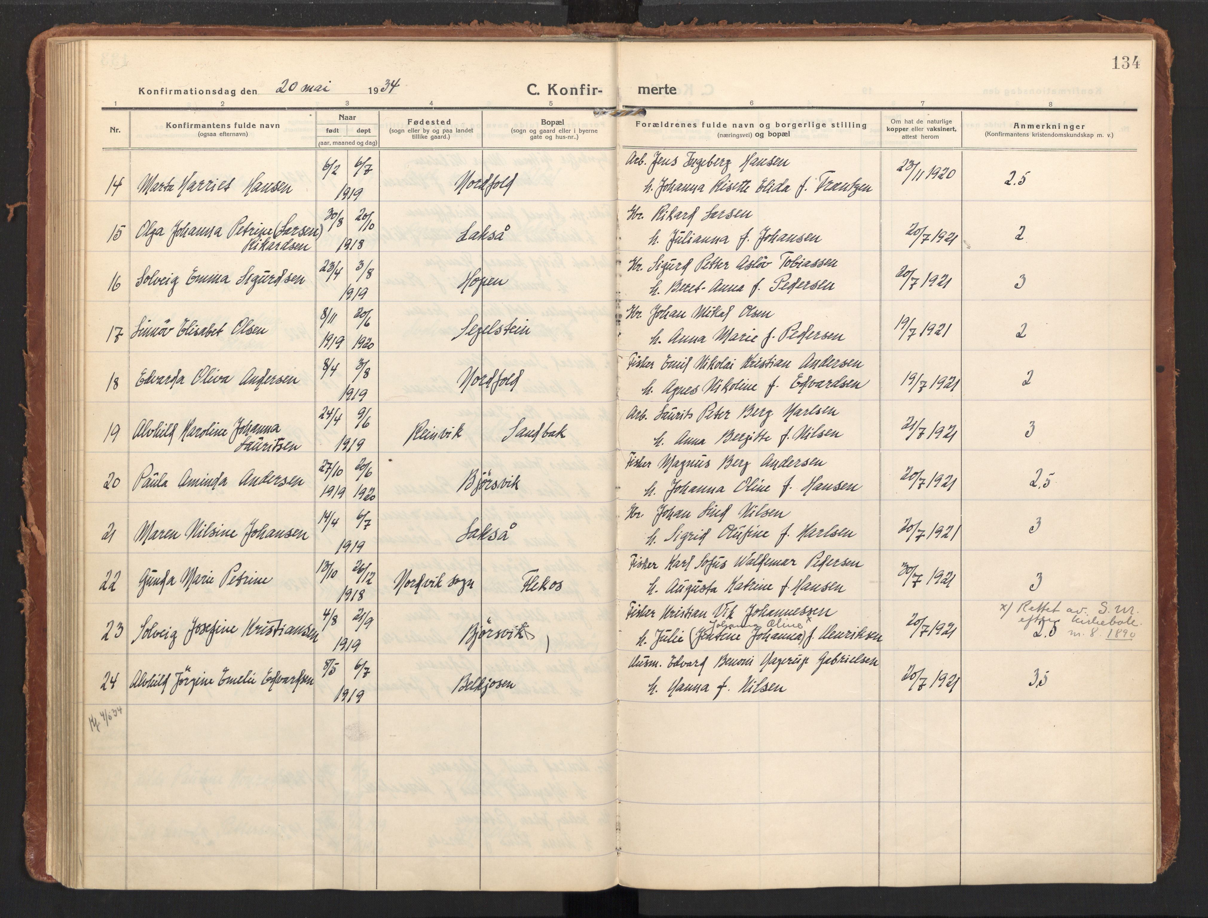 Ministerialprotokoller, klokkerbøker og fødselsregistre - Nordland, SAT/A-1459/858/L0833: Parish register (official) no. 858A03, 1916-1934, p. 134