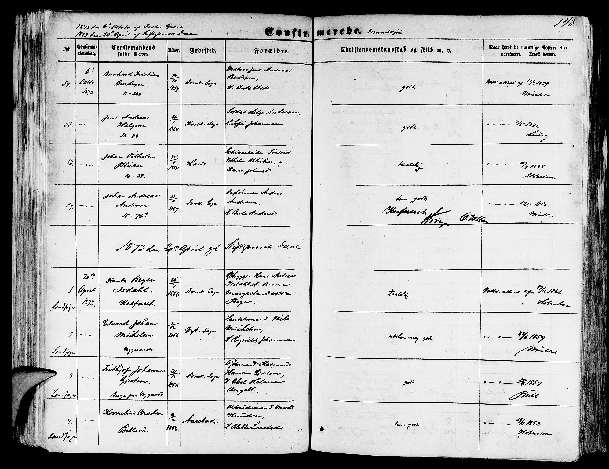 Domkirken sokneprestembete, SAB/A-74801/H/Hab/L0023: Parish register (copy) no. C 3, 1854-1880, p. 143