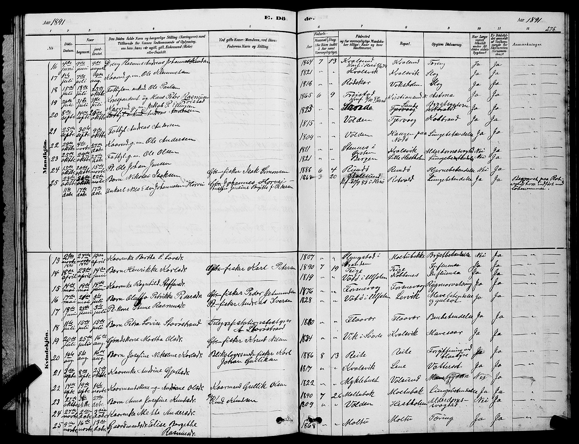 Ministerialprotokoller, klokkerbøker og fødselsregistre - Møre og Romsdal, AV/SAT-A-1454/507/L0081: Parish register (copy) no. 507C04, 1878-1898, p. 276