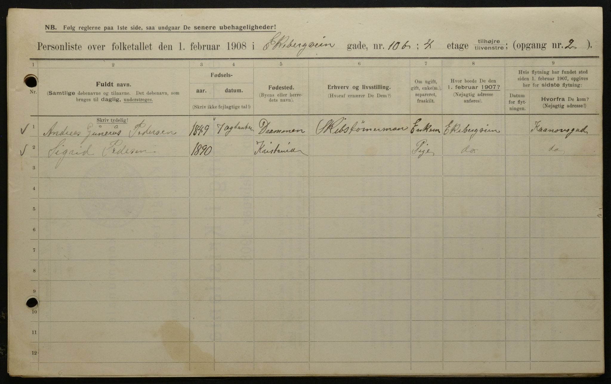 OBA, Municipal Census 1908 for Kristiania, 1908, p. 18496