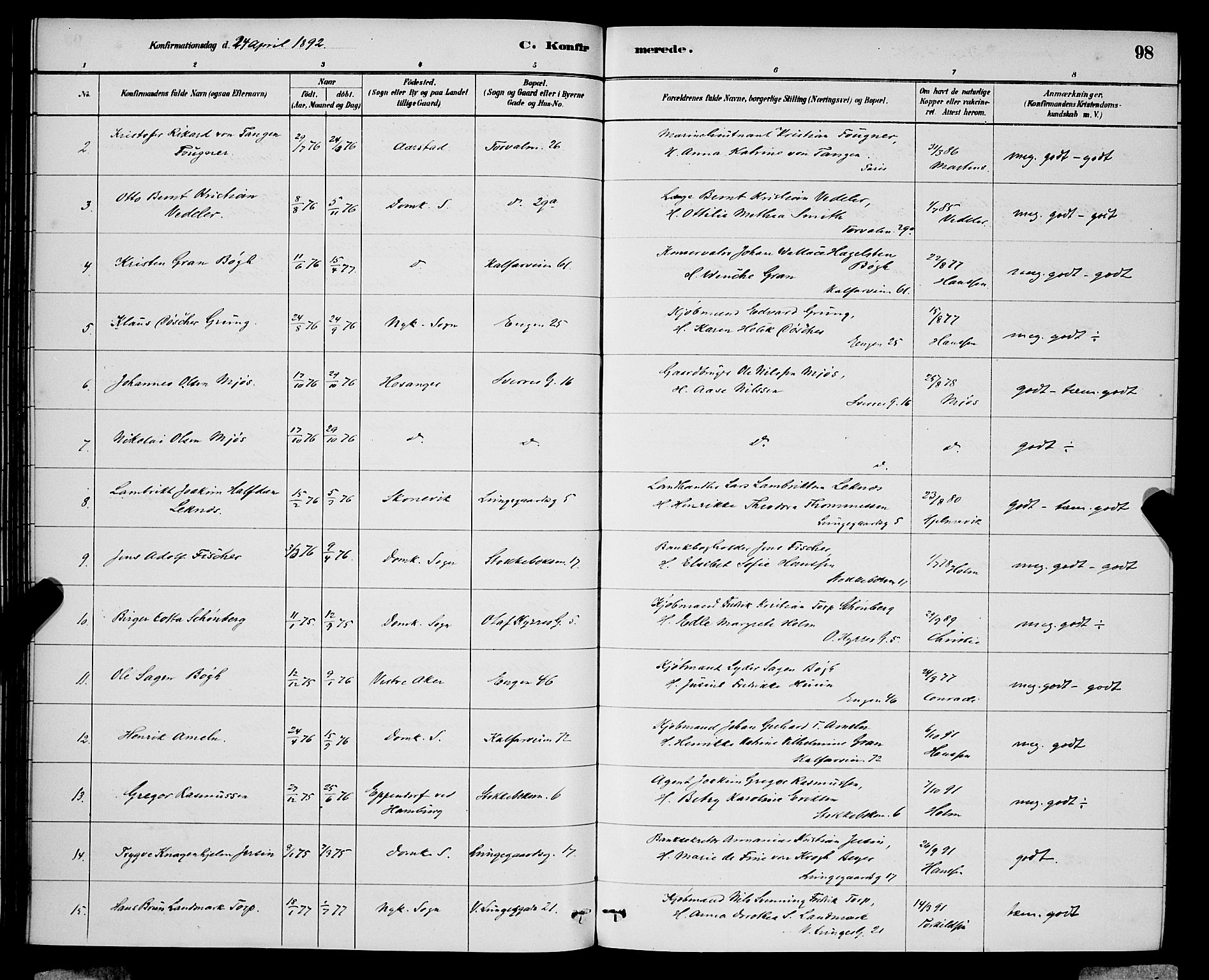 Domkirken sokneprestembete, AV/SAB-A-74801/H/Hab/L0024: Parish register (copy) no. C 4, 1880-1899, p. 98