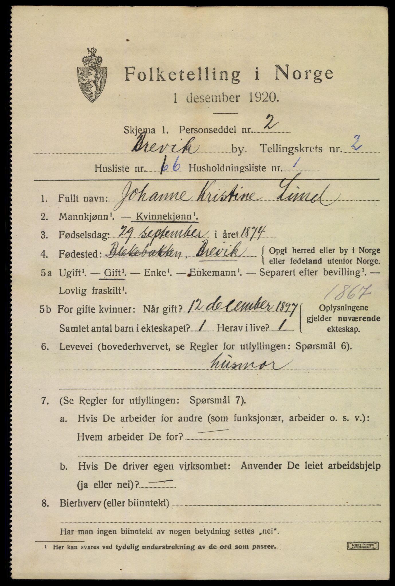 SAKO, 1920 census for Brevik, 1920, p. 4652