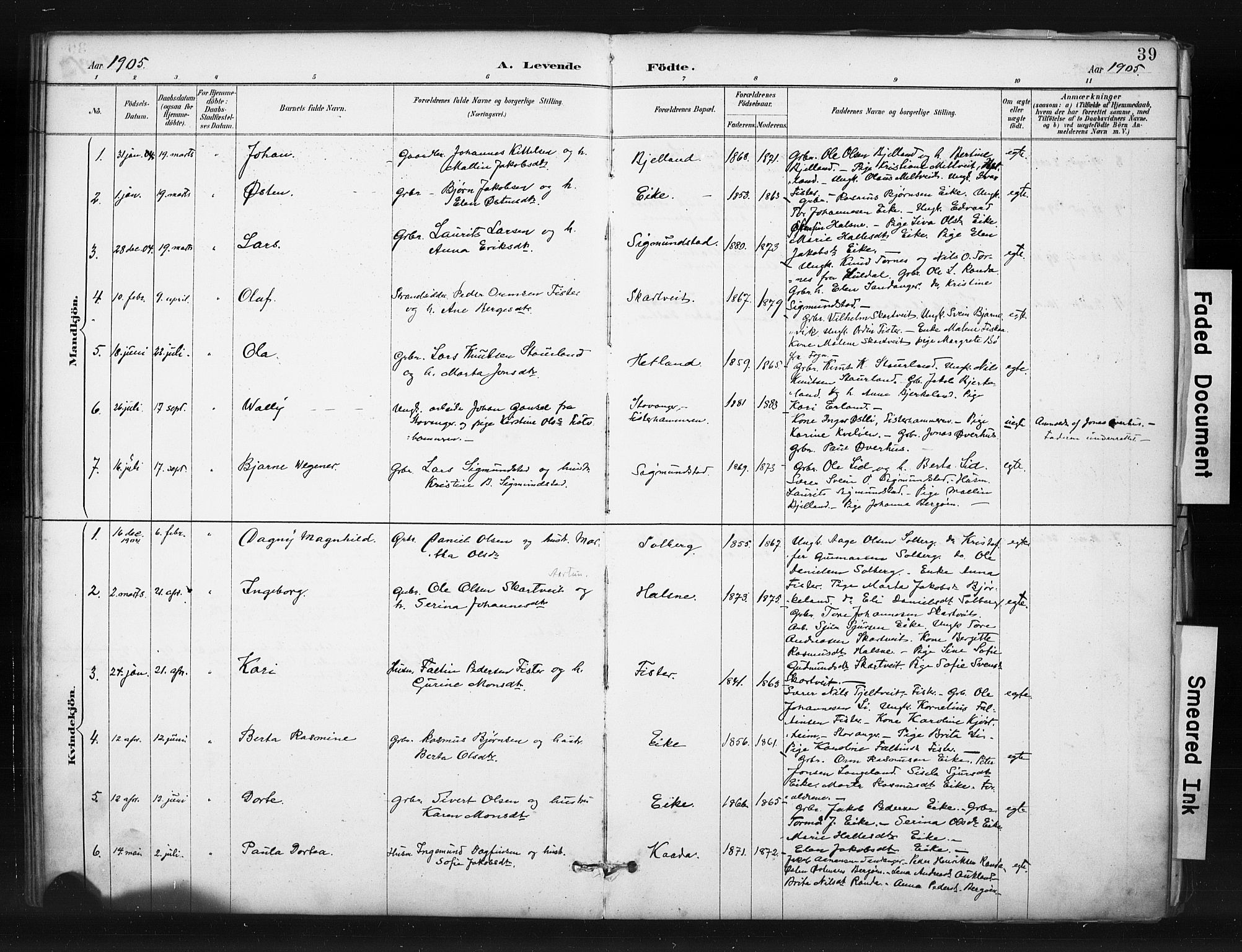 Hjelmeland sokneprestkontor, SAST/A-101843/01/IV/L0015: Parish register (official) no. A 15, 1887-1910, p. 39