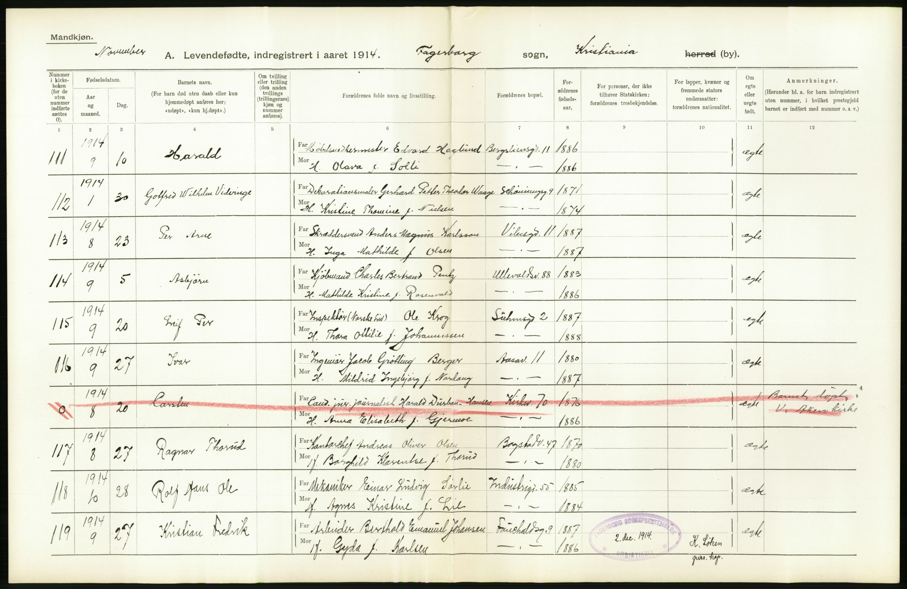 Statistisk sentralbyrå, Sosiodemografiske emner, Befolkning, AV/RA-S-2228/D/Df/Dfb/Dfbd/L0006: Kristiania: Levendefødte menn og kvinner., 1914, p. 86