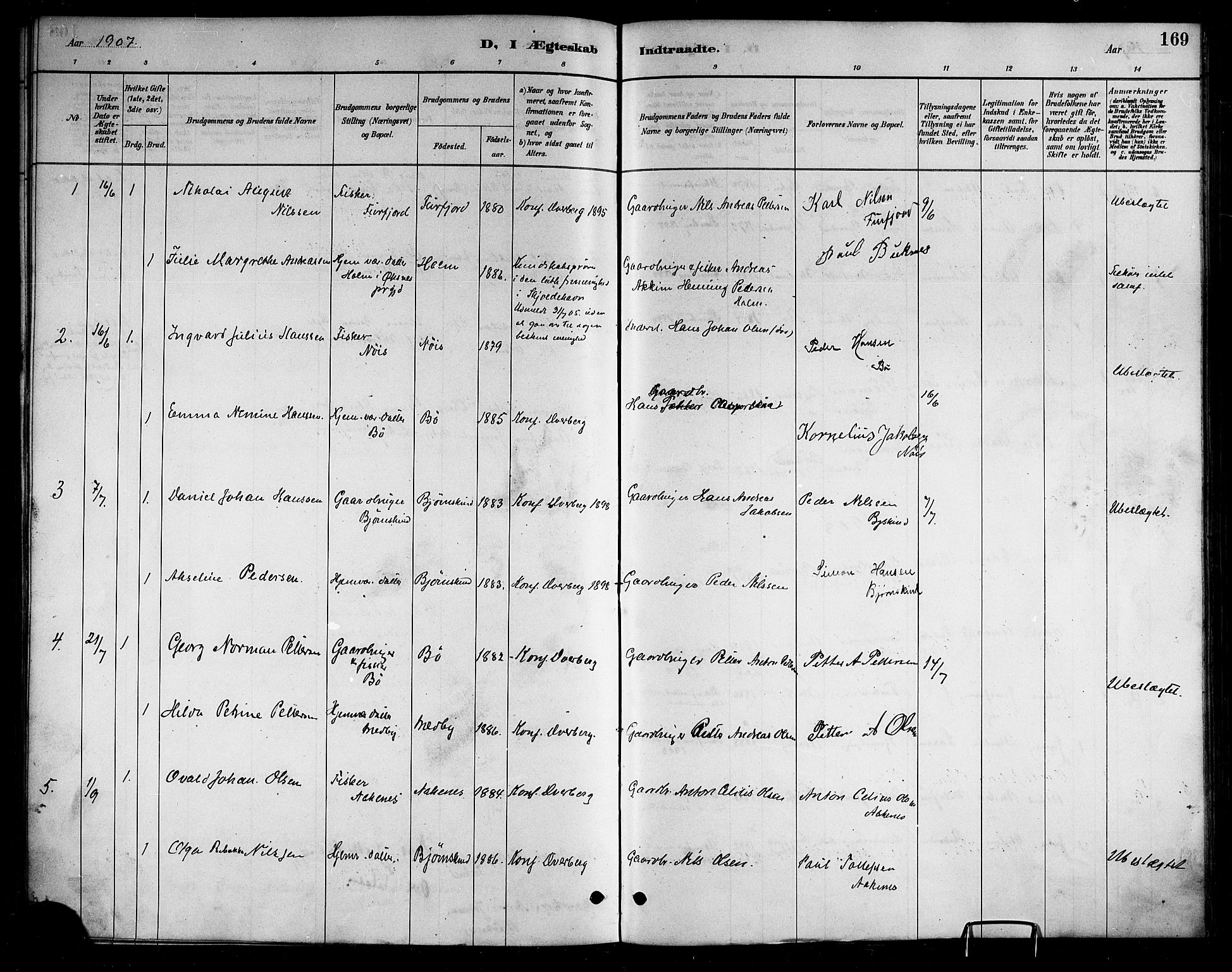 Ministerialprotokoller, klokkerbøker og fødselsregistre - Nordland, AV/SAT-A-1459/898/L1427: Parish register (copy) no. 898C02, 1887-1917, p. 169