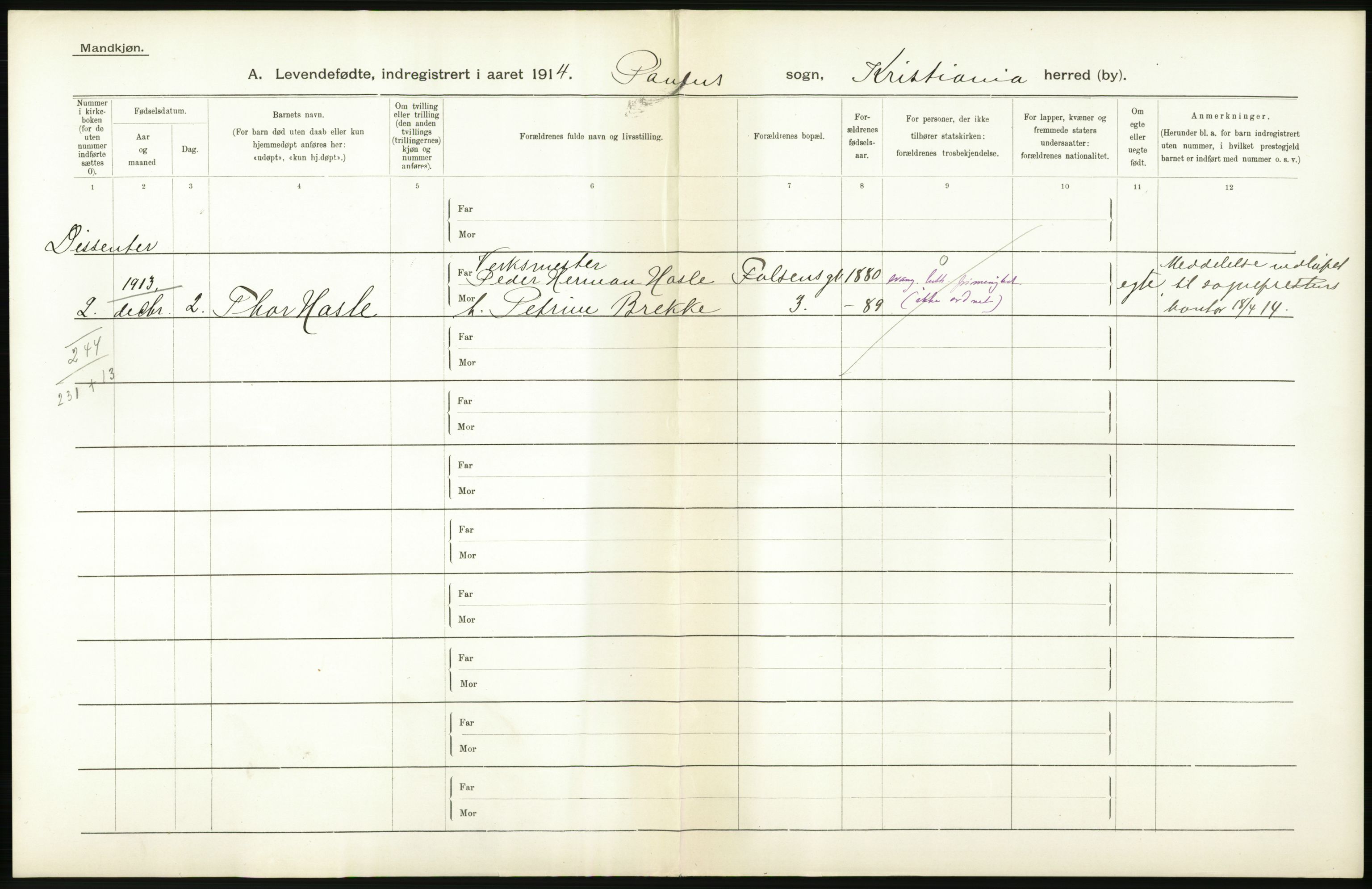 Statistisk sentralbyrå, Sosiodemografiske emner, Befolkning, RA/S-2228/D/Df/Dfb/Dfbd/L0006: Kristiania: Levendefødte menn og kvinner., 1914, p. 526