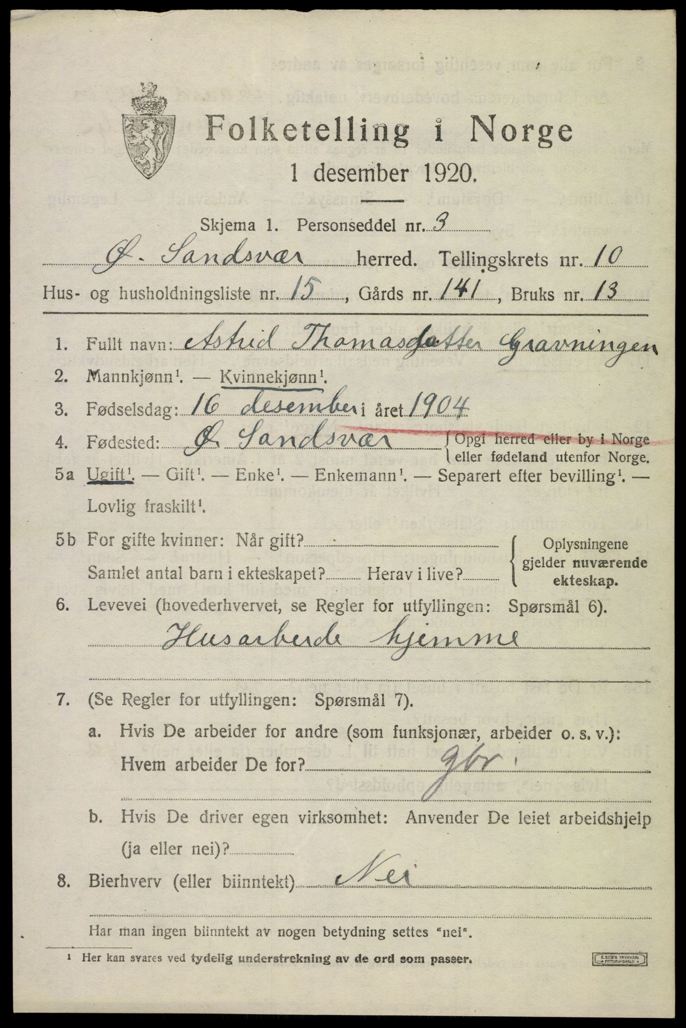 SAKO, 1920 census for Øvre Sandsvær, 1920, p. 5706