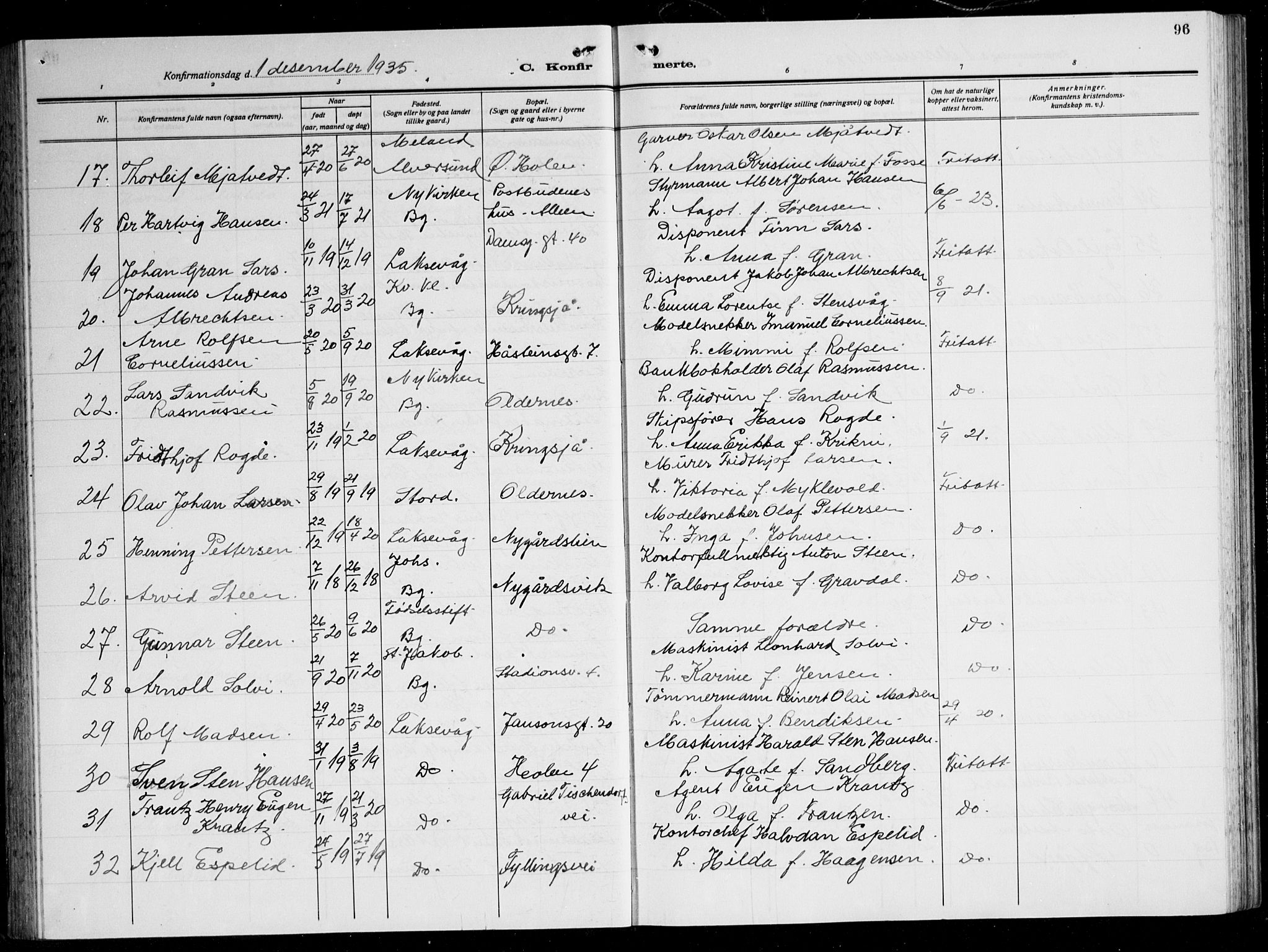 Laksevåg Sokneprestembete, AV/SAB-A-76501/H/Ha/Hab/Haba: Parish register (copy) no. A 10, 1925-1942, p. 96