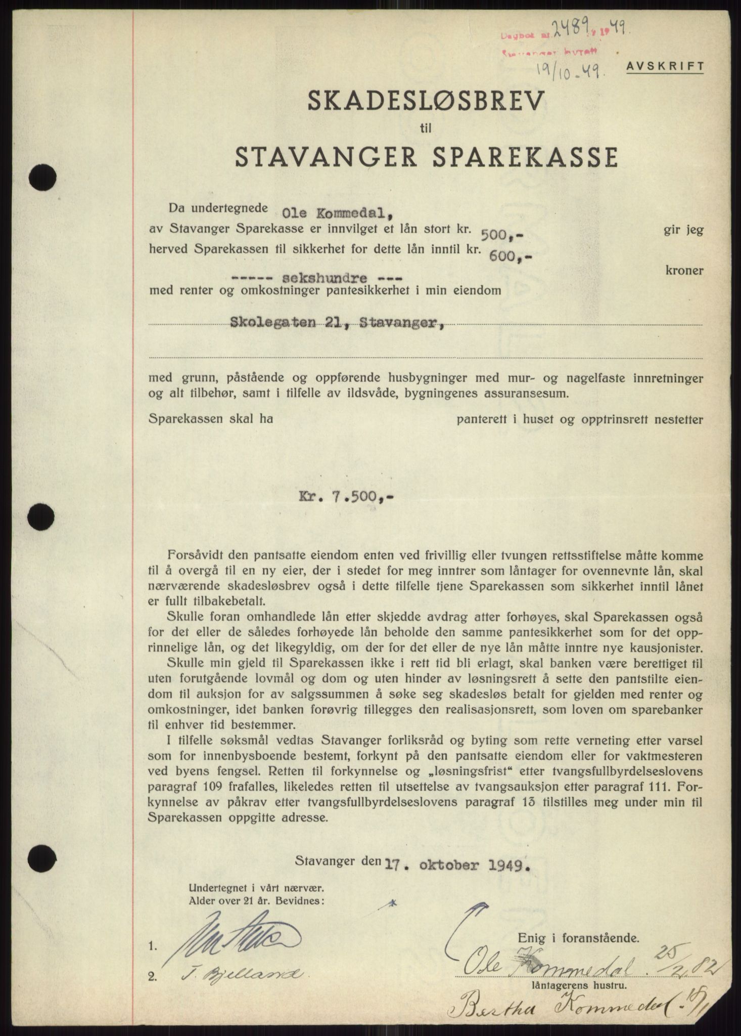 Stavanger byrett, SAST/A-100455/002/G/Gb/L0032: Mortgage book, 1947-1950, Diary no: : 2489/1949