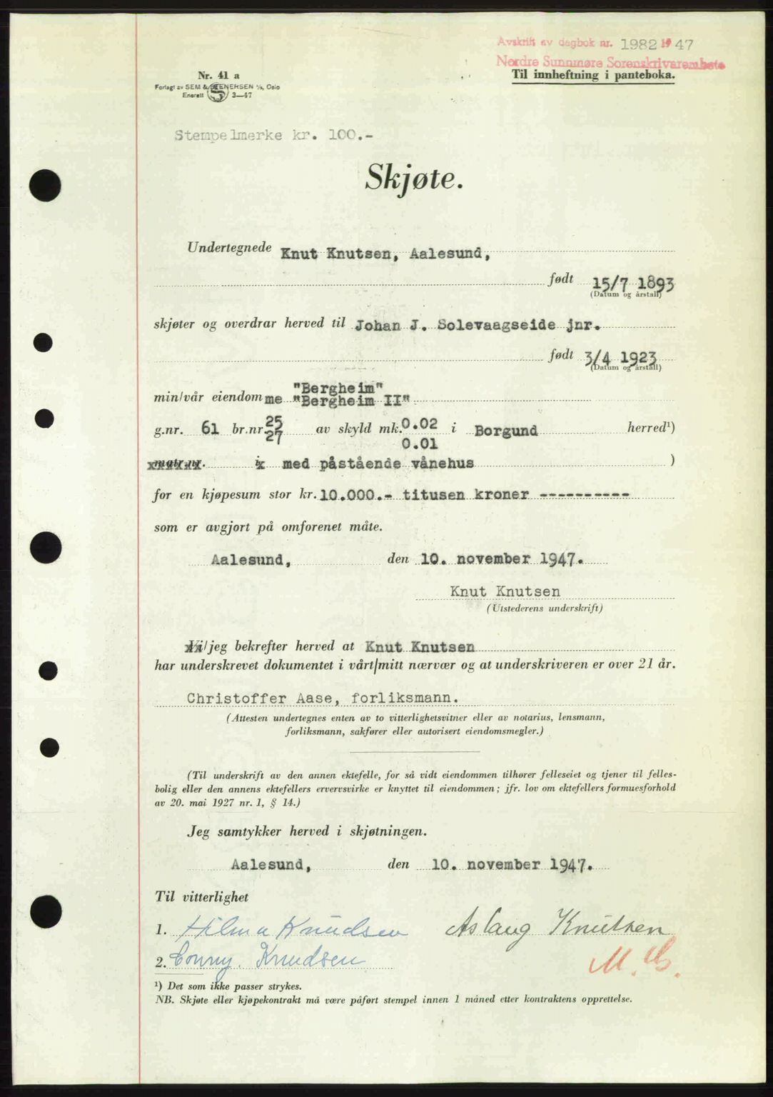 Nordre Sunnmøre sorenskriveri, AV/SAT-A-0006/1/2/2C/2Ca: Mortgage book no. A26, 1947-1948, Diary no: : 1982/1947