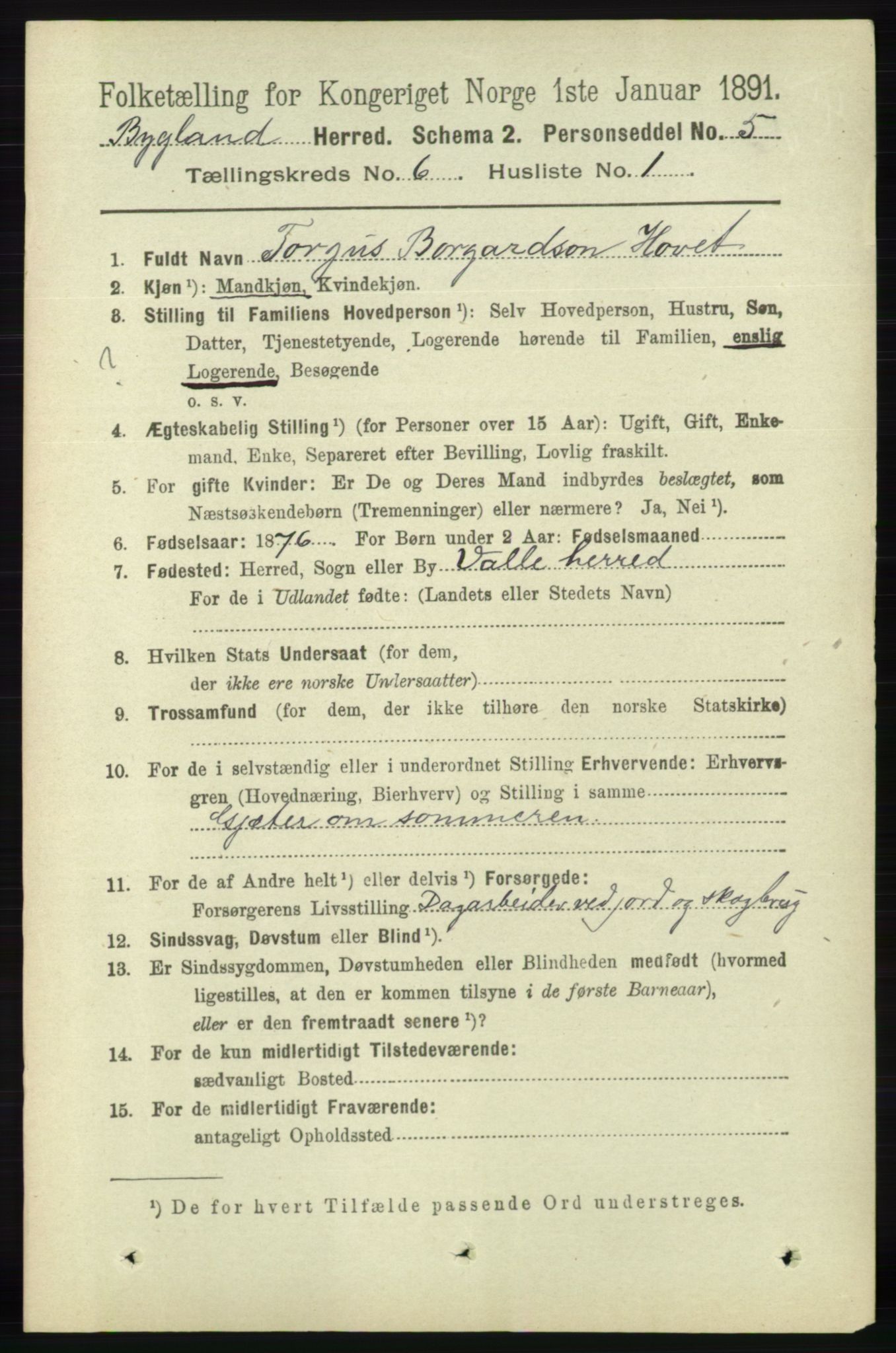 RA, 1891 census for 0938 Bygland, 1891, p. 1340