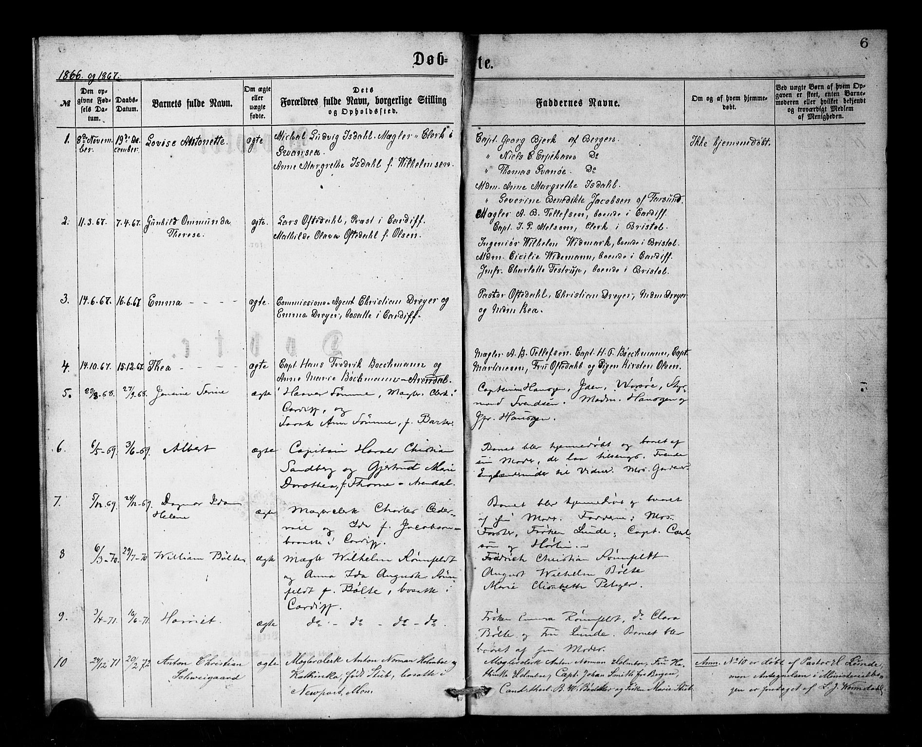 Den norske sjømannsmisjon i utlandet/Bristolhavnene(Cardiff-Swansea), SAB/SAB/PA-0102/H/Ha/Haa/L0001: Parish register (official) no. A 1, 1866-1887, p. 6