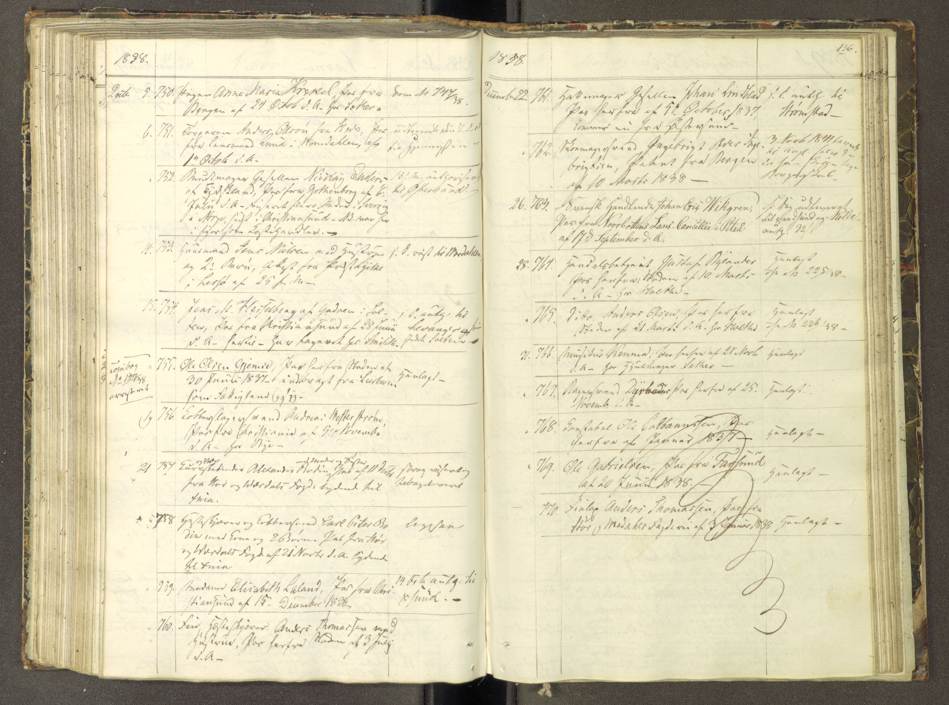 Trondheim politikammer, AV/SAT-A-1887/1/30/L0007: Passprotokoll. Første del:utstedtete pass. Andre del :innleverte/fornyede, 1837-1840, p. 135b-136a