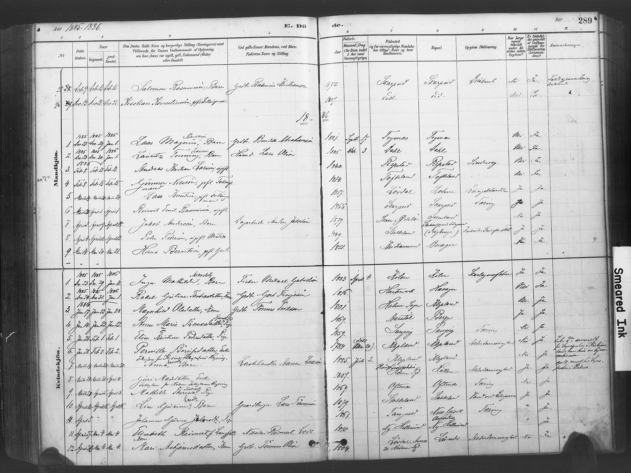 Søgne sokneprestkontor, SAK/1111-0037/F/Fa/Fab/L0012: Parish register (official) no. A 12, 1880-1891, p. 289