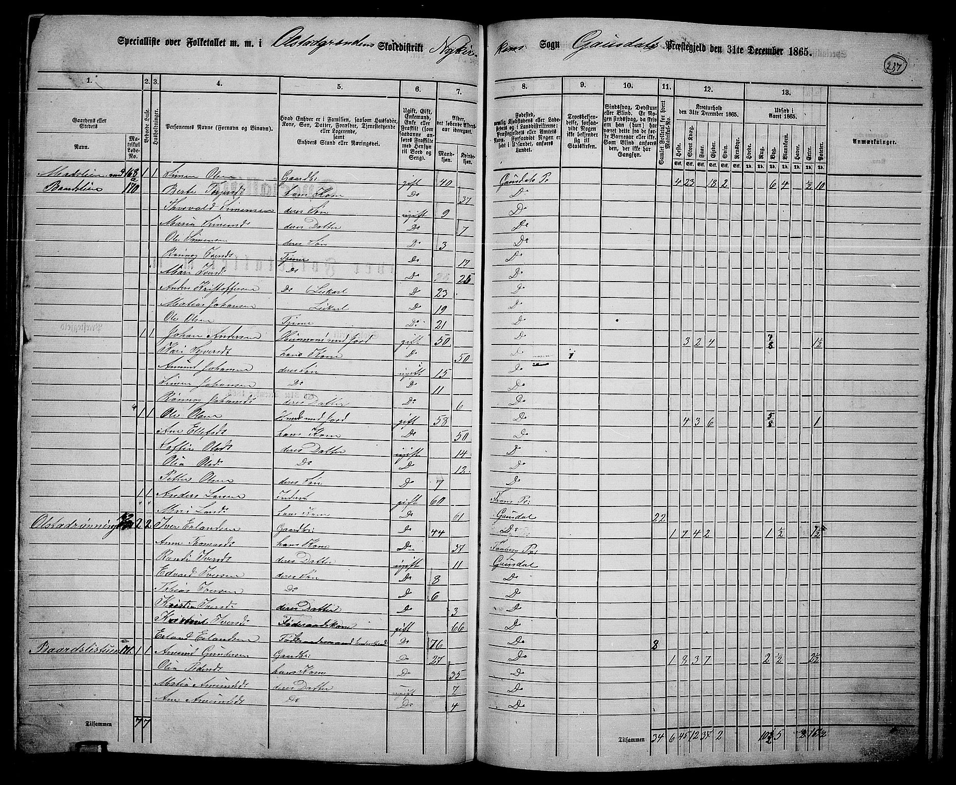 RA, 1865 census for Gausdal, 1865, p. 203