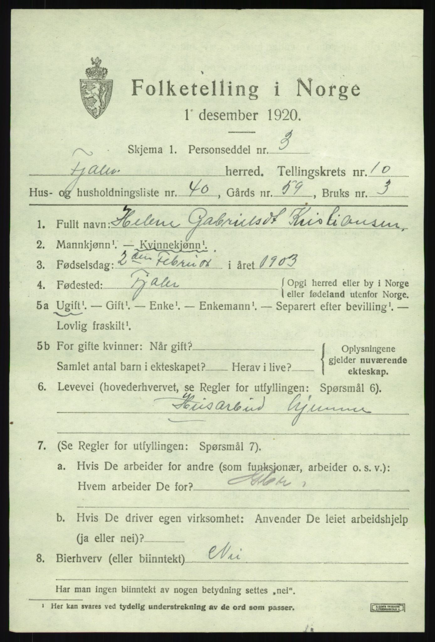 SAB, 1920 census for Fjaler, 1920, p. 5411
