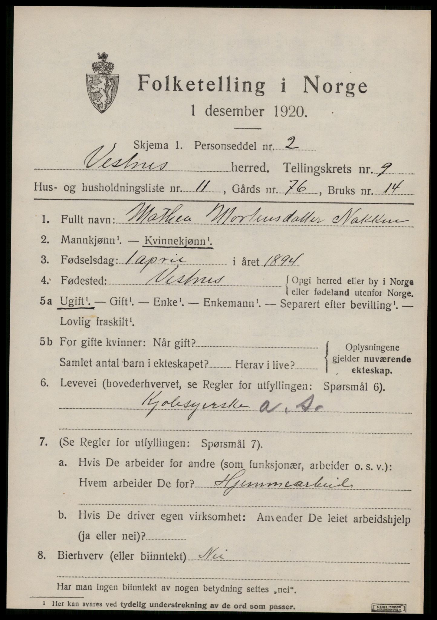 SAT, 1920 census for Vestnes, 1920, p. 6105