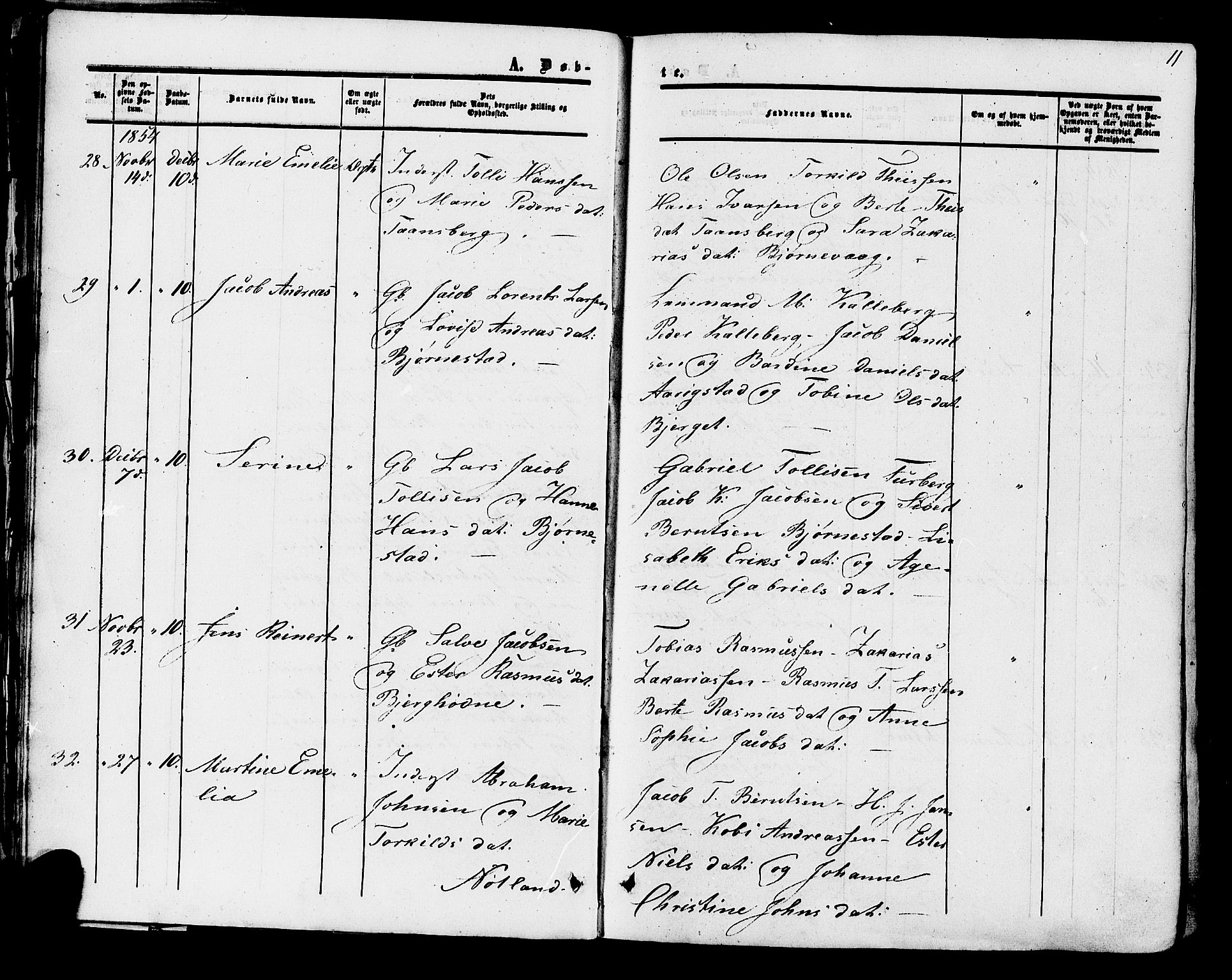 Herad sokneprestkontor, AV/SAK-1111-0018/F/Fa/Fab/L0004: Parish register (official) no. A 4, 1853-1885, p. 11