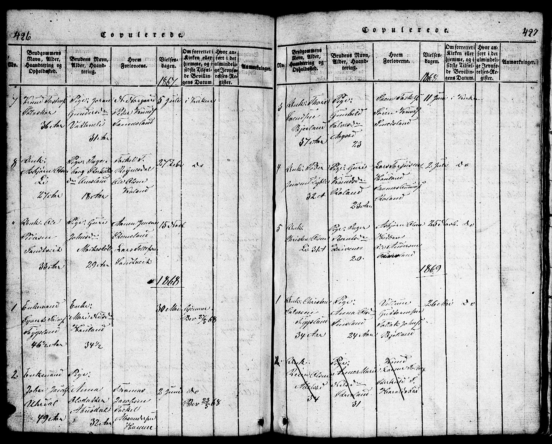 Bjelland sokneprestkontor, AV/SAK-1111-0005/F/Fb/Fba/L0003: Parish register (copy) no. B 3, 1816-1870, p. 426-427