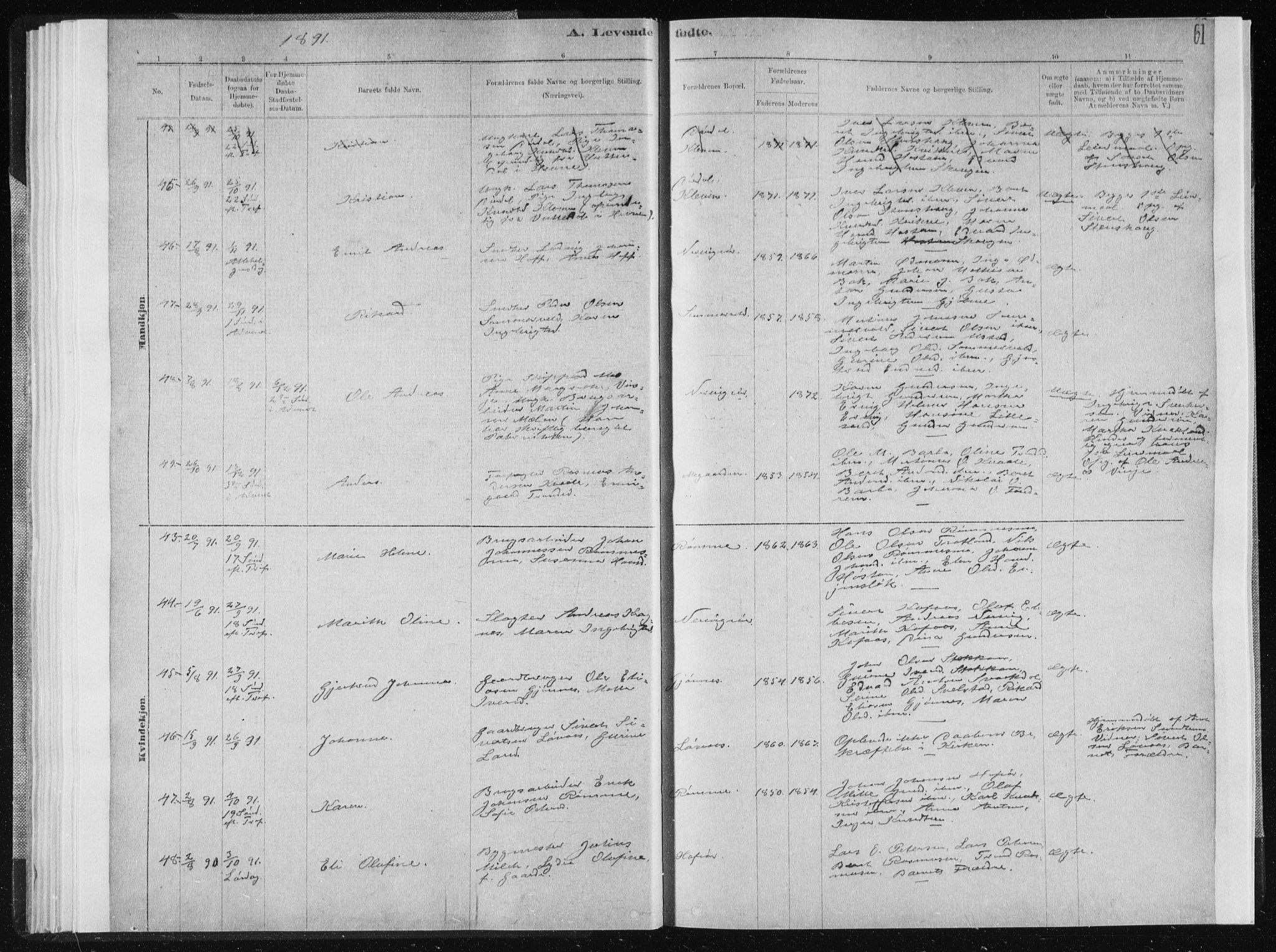 Ministerialprotokoller, klokkerbøker og fødselsregistre - Sør-Trøndelag, AV/SAT-A-1456/668/L0818: Parish register (copy) no. 668C07, 1885-1898, p. 61