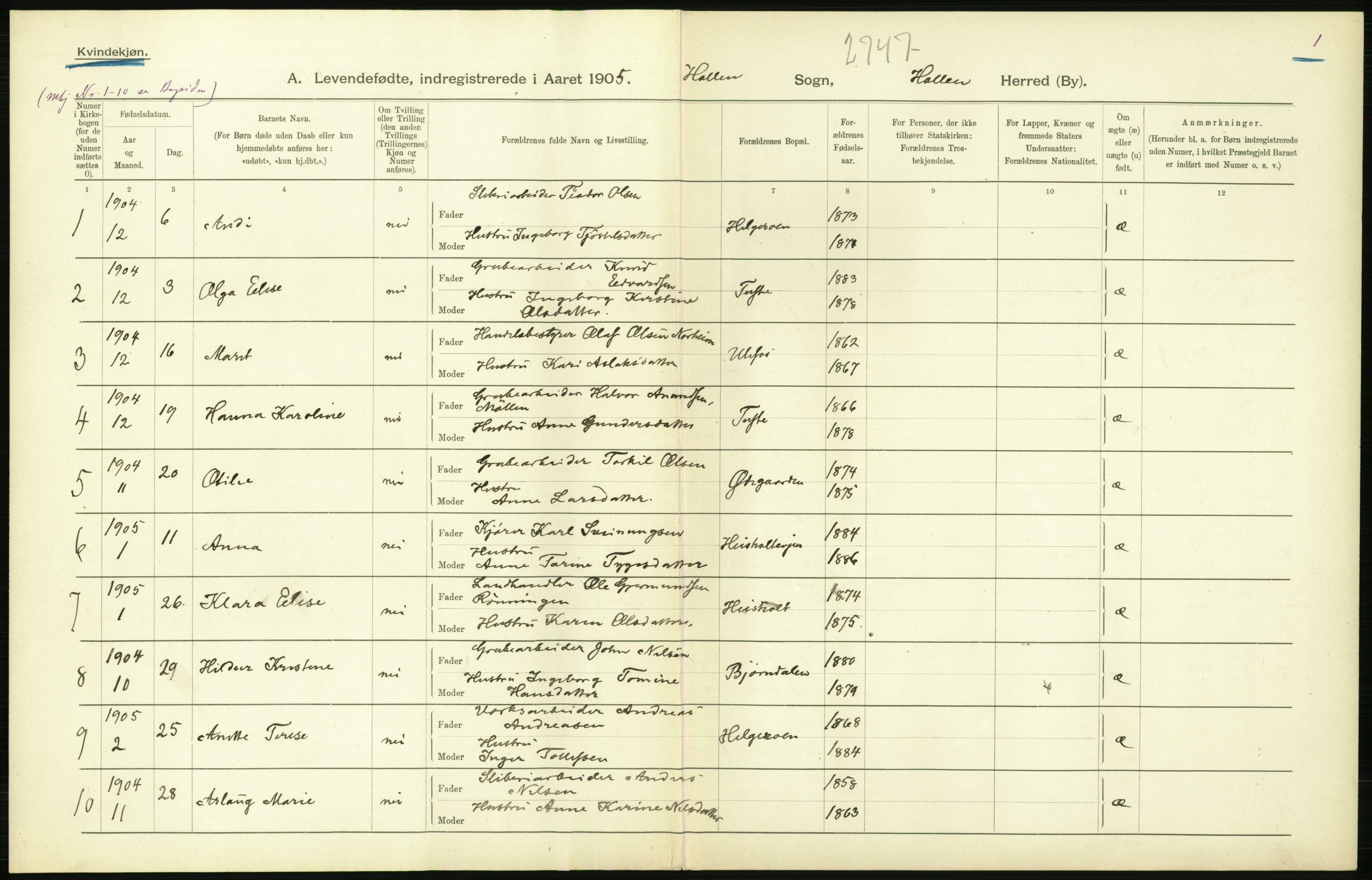Statistisk sentralbyrå, Sosiodemografiske emner, Befolkning, AV/RA-S-2228/D/Df/Dfa/Dfac/L0016: Bratsberg amt: Fødte. Bygder., 1905, p. 2