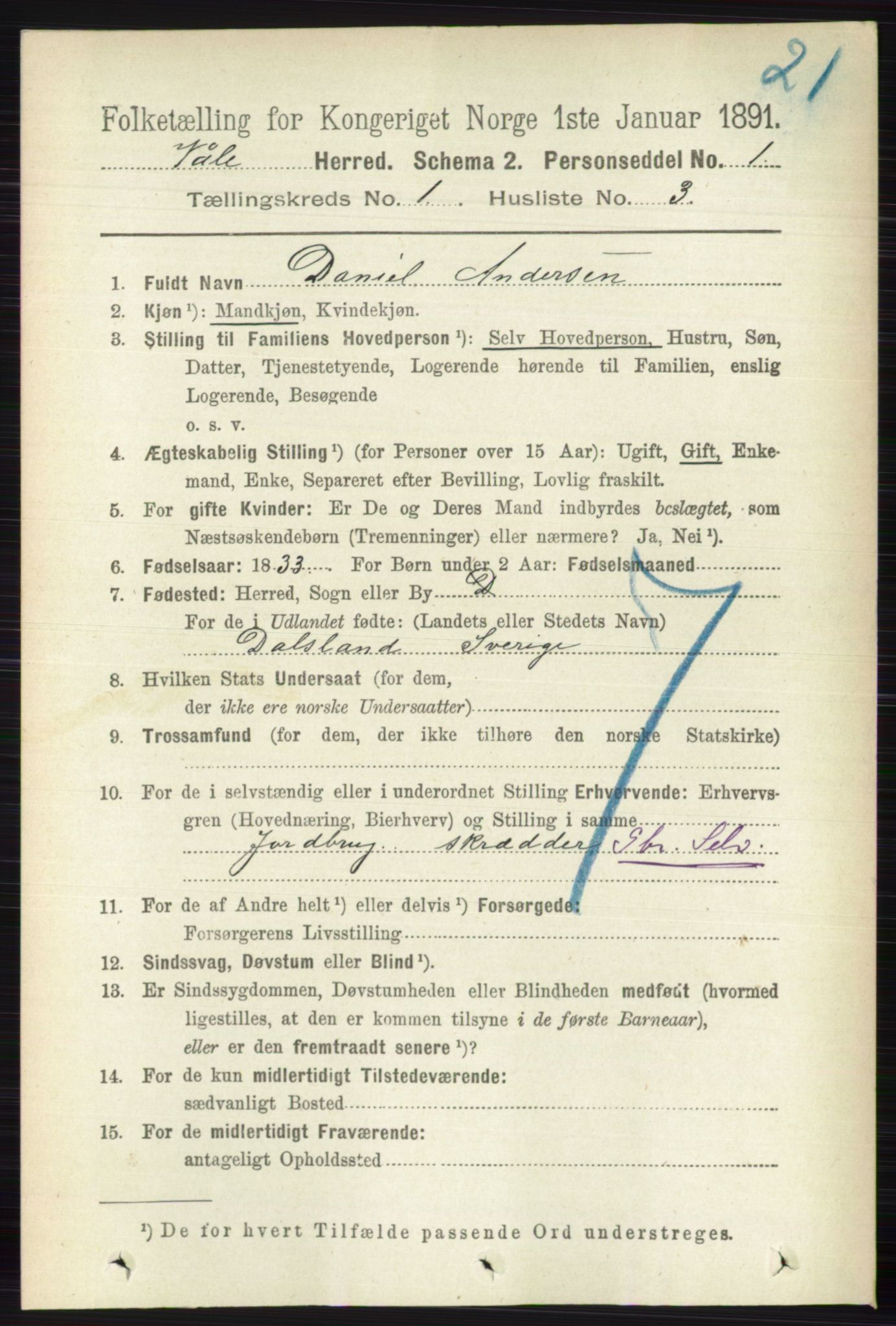 RA, 1891 census for 0716 Våle, 1891, p. 99