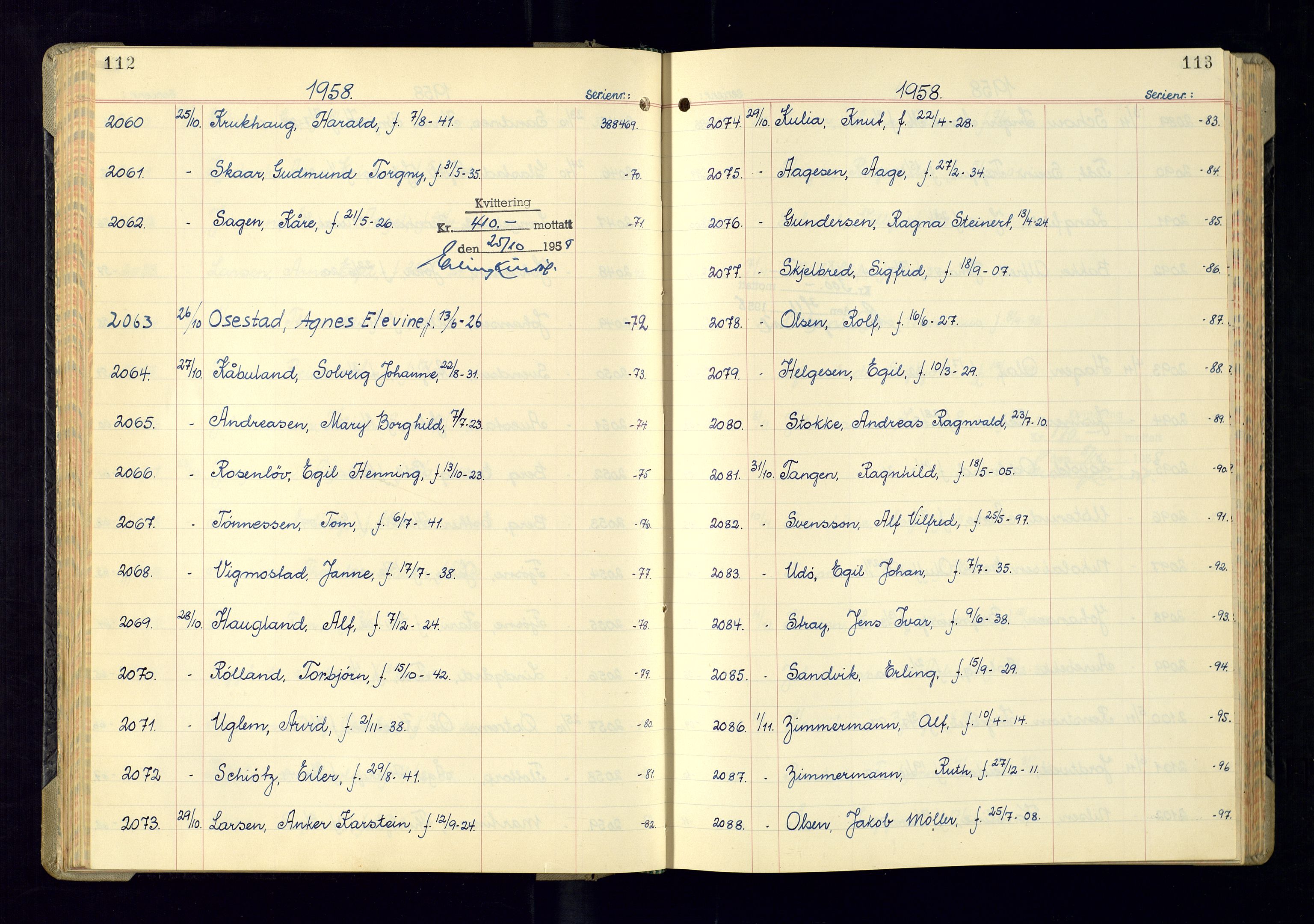 Kristiansand politikammer - 2, AV/SAK-1243-0009/K/Ka/Kaa/L0614: Passprotokoll, liste med løpenumre, 1958-1962, p. 112-113