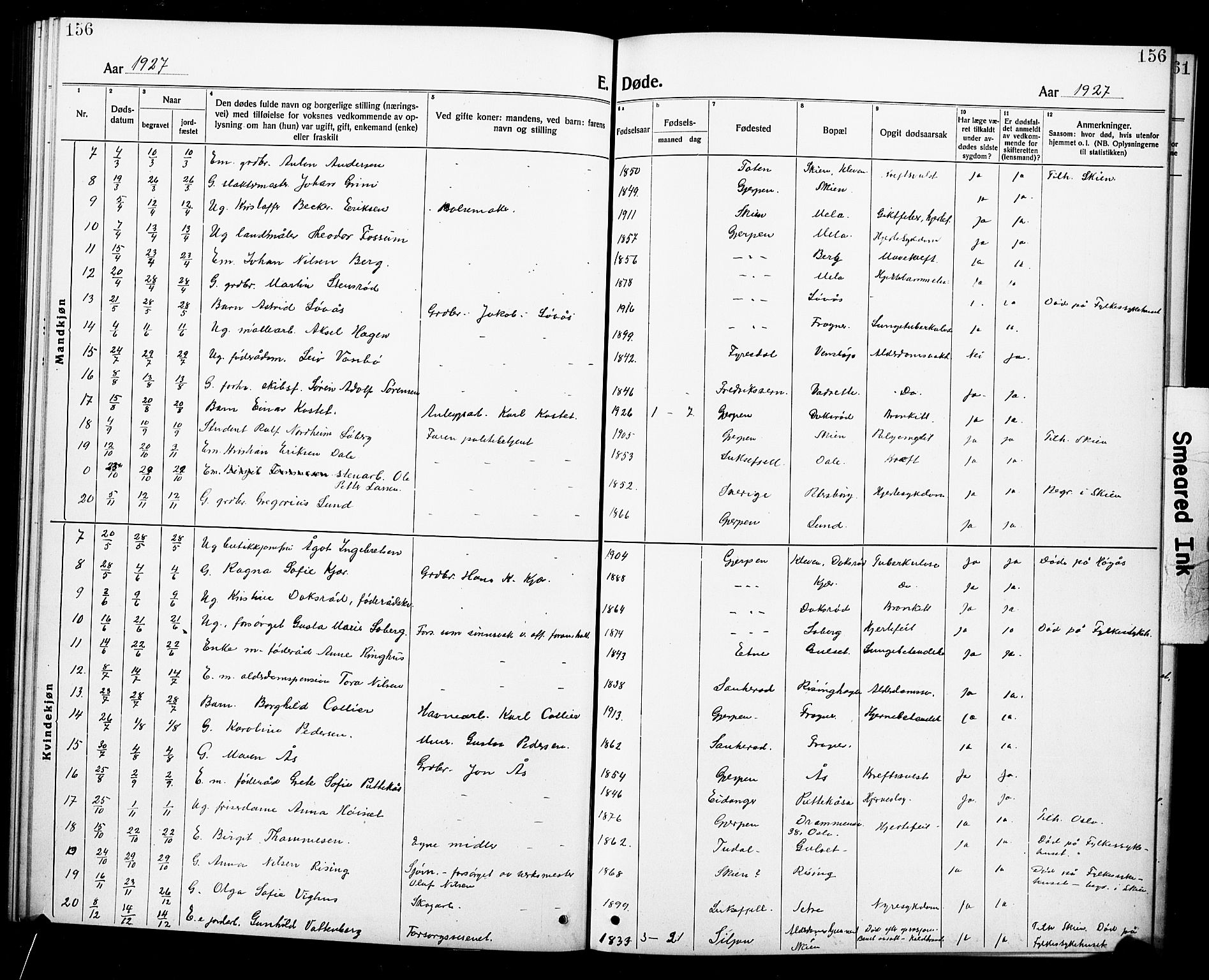 Gjerpen kirkebøker, SAKO/A-265/G/Ga/L0004: Parish register (copy) no. I 4, 1920-1931, p. 156