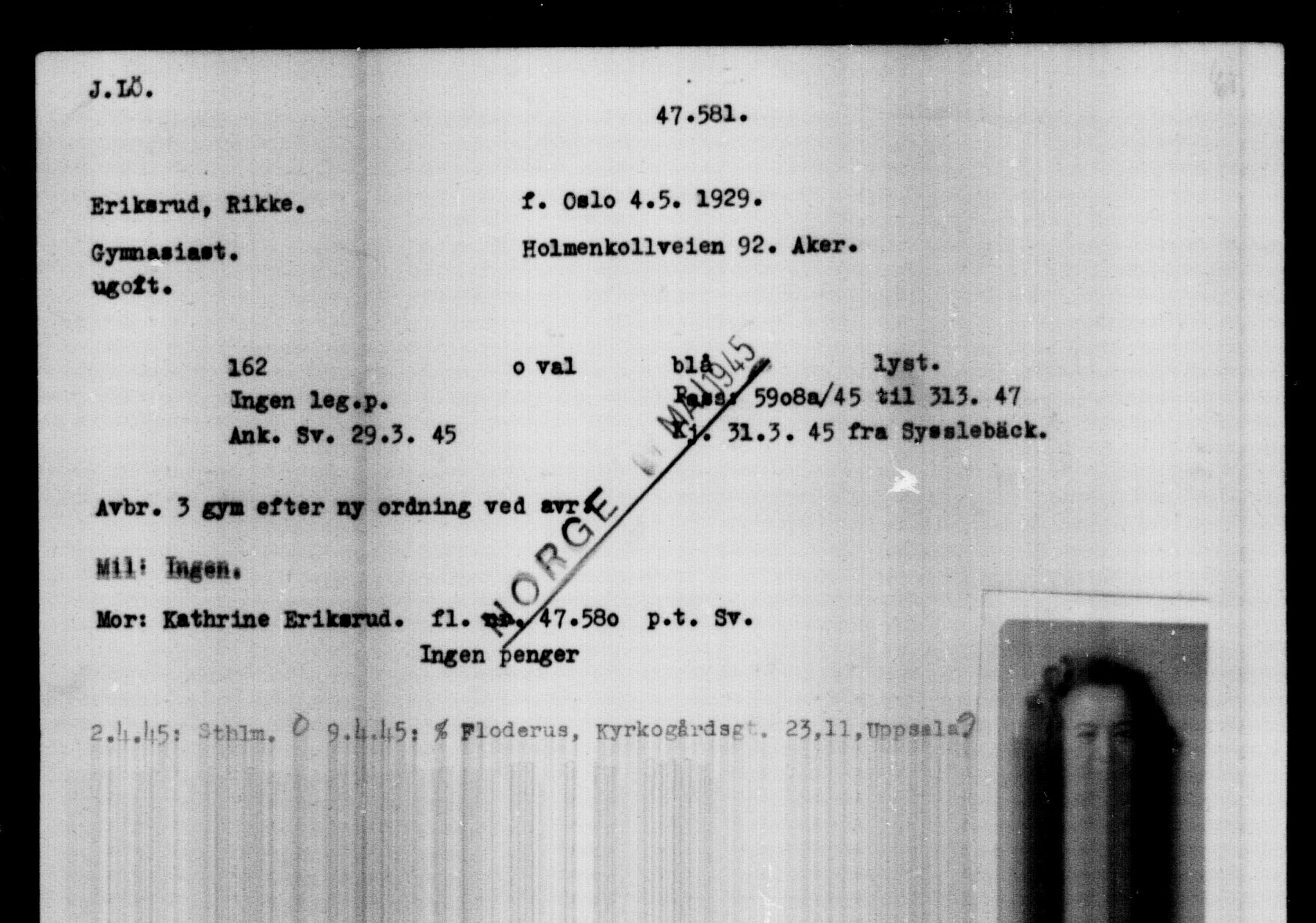 Utenriksstasjonene, Legasjonen i Stockholm, Flyktningkontoret, AV/RA-S-6753/V/Va/L0018: Kjesäterkartoteket, flyktninger med registreringsnr. 46200 og 46300-49603, 1940-1945, p. 1330