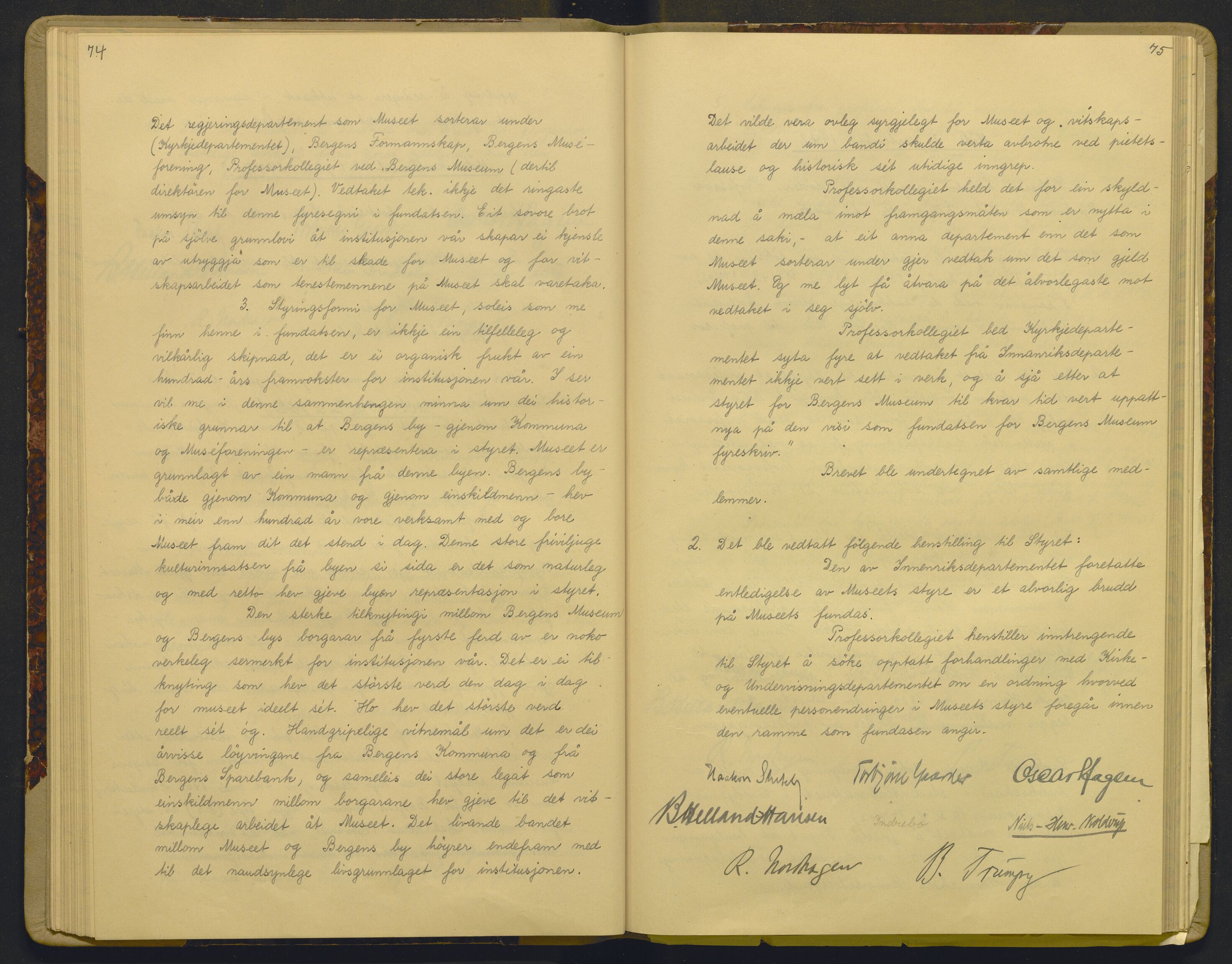 Bergens Museum, AV/SAB-A-17301/18/A/L0003: Professorkollegiets forhandlingsprotokoll med register , 1939-1944, p. 74-75