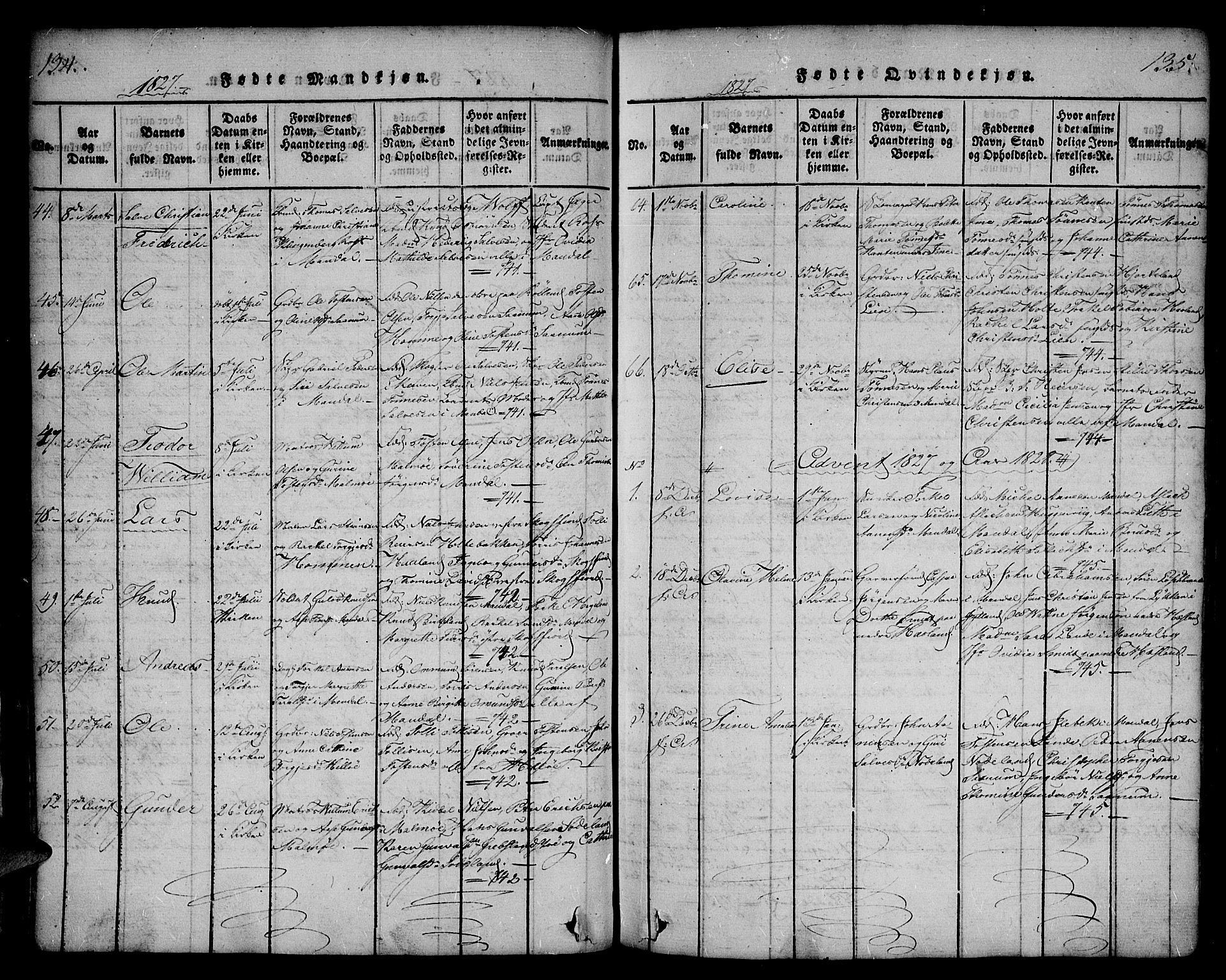 Mandal sokneprestkontor, SAK/1111-0030/F/Fa/Faa/L0010: Parish register (official) no. A 10, 1817-1830, p. 134-135