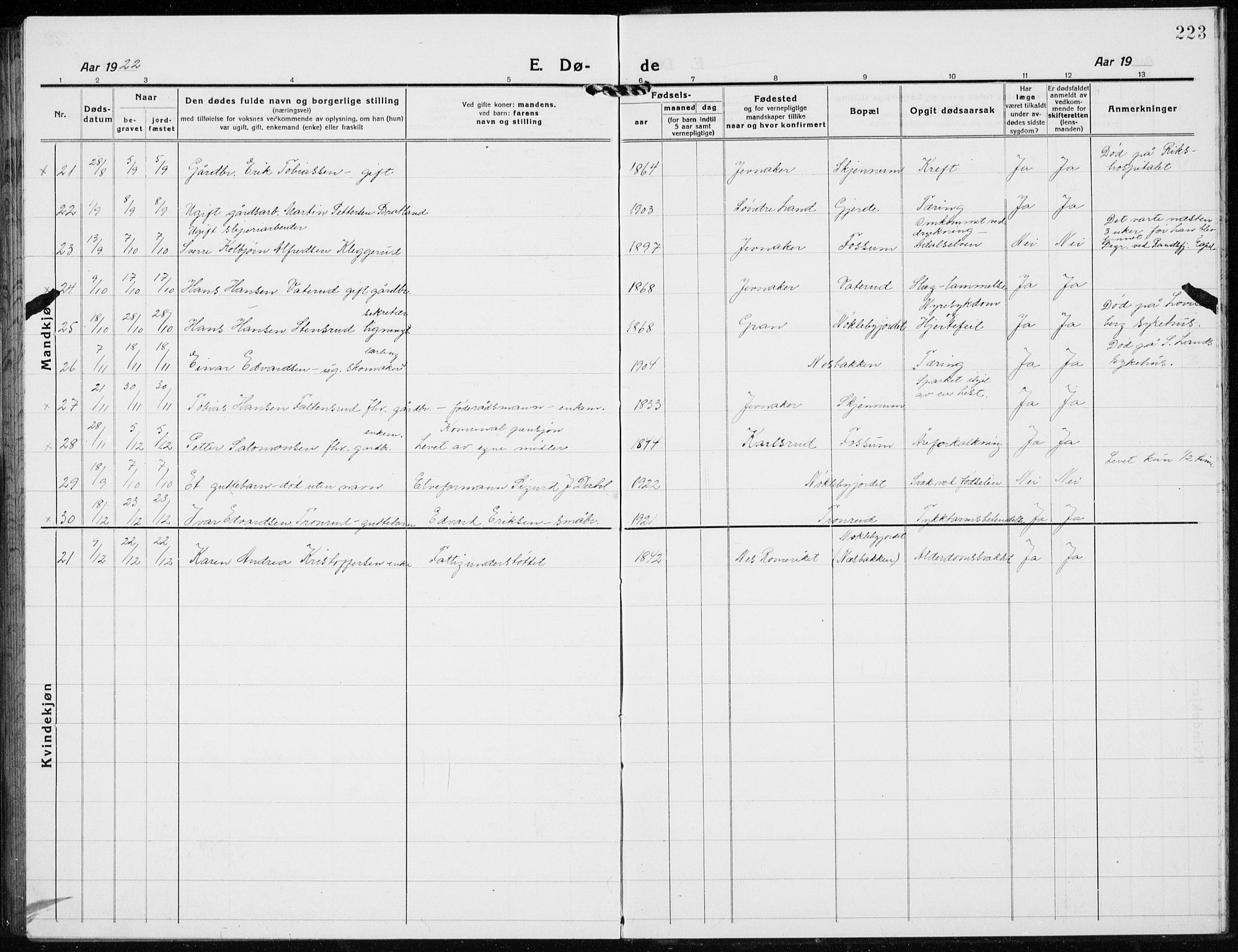 Jevnaker prestekontor, AV/SAH-PREST-116/H/Ha/Hab/L0005: Parish register (copy) no. 5, 1919-1934, p. 223