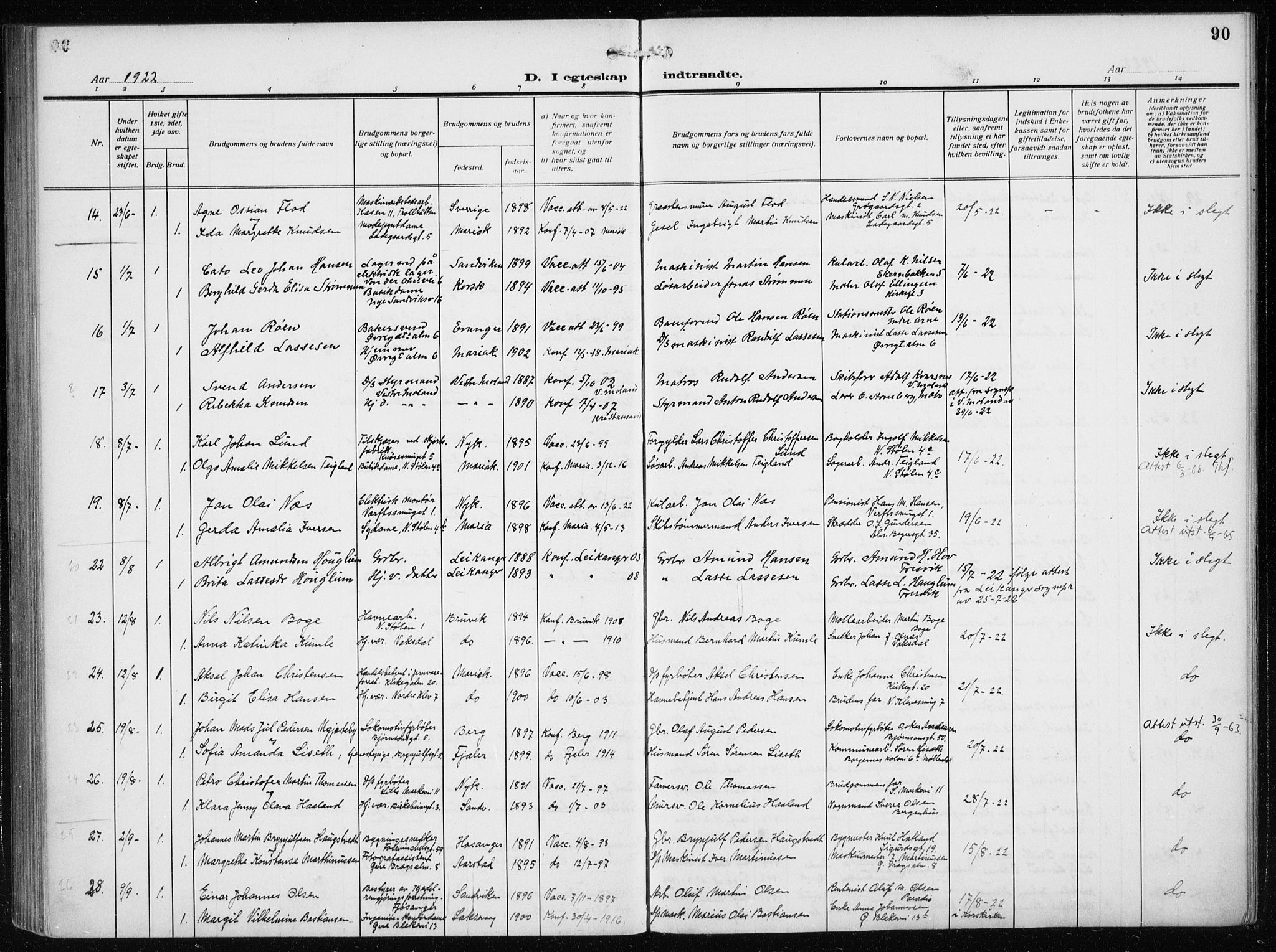 Mariakirken Sokneprestembete, AV/SAB-A-76901/H/Haa/L0015: Parish register (official) no. C 3, 1913-1927, p. 90