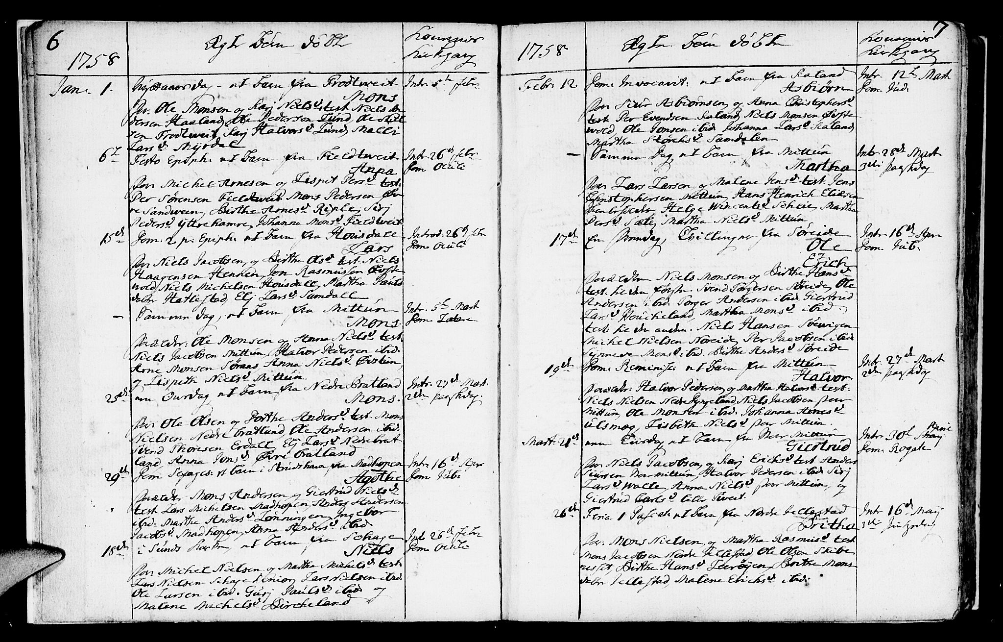 Fana Sokneprestembete, SAB/A-75101/H/Haa/Haaa/L0004: Parish register (official) no. A 4, 1757-1774, p. 6-7