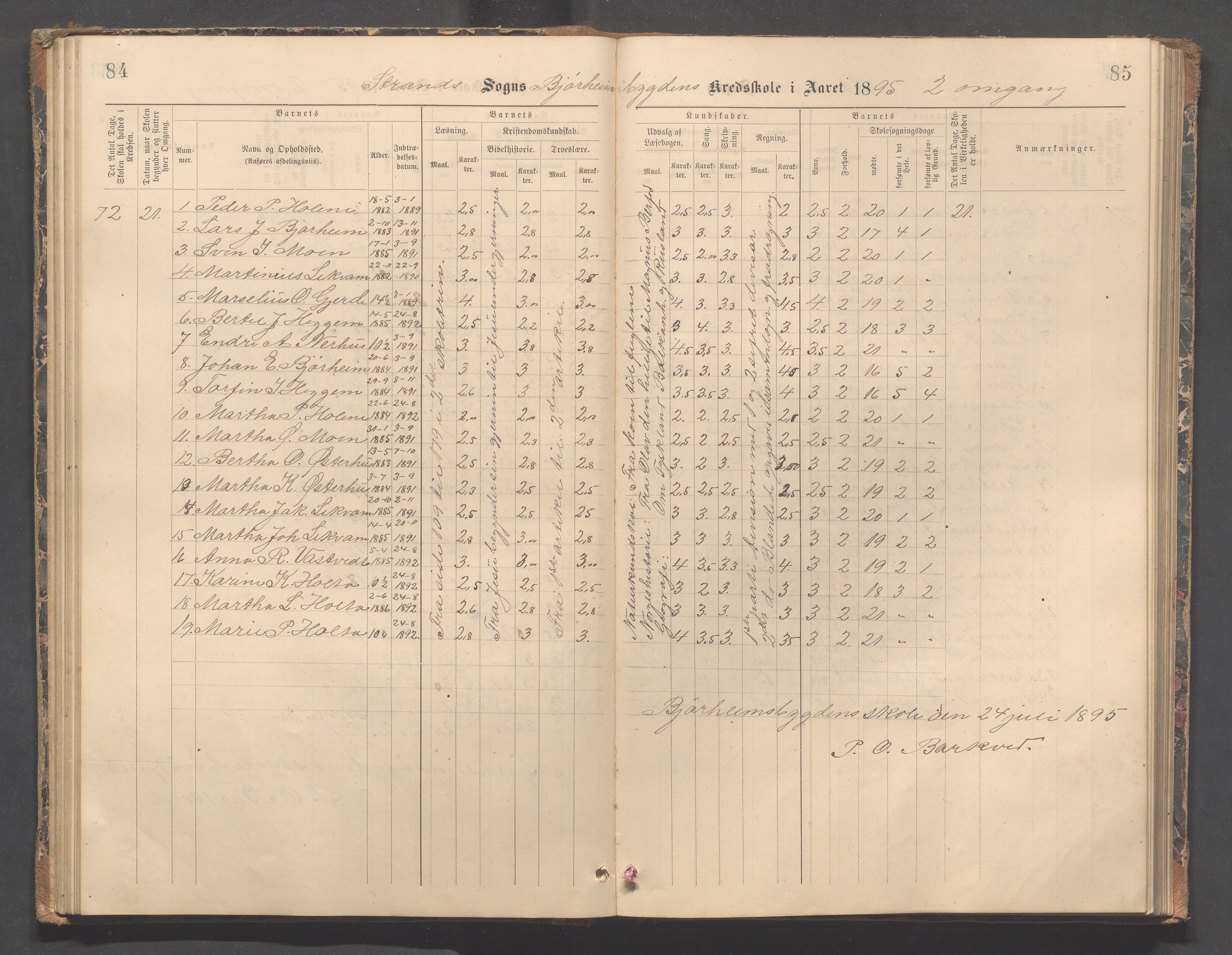 Strand kommune - Bjørheimsbygd skole, IKAR/A-147/H/L0002: Skoleprotokoll for Bjørheimsbygd og Lekvam krets, 1891-1907, p. 84-85