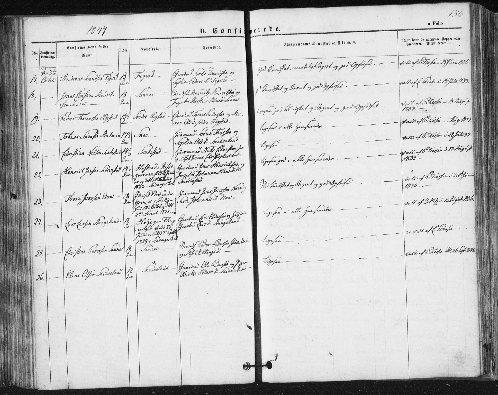 Høyland sokneprestkontor, SAST/A-101799/001/30BA/L0008: Parish register (official) no. A 8, 1841-1856, p. 156